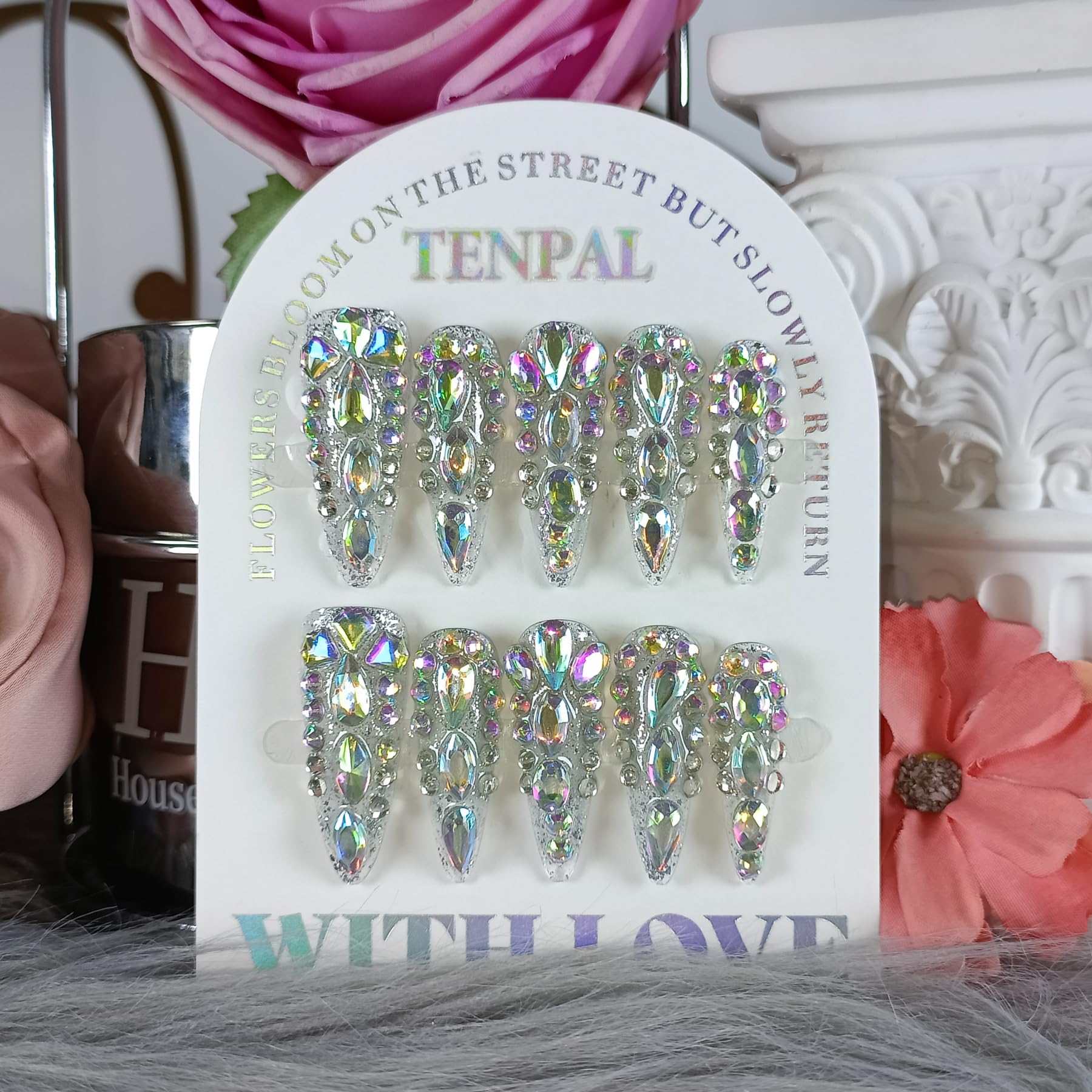 TENPAL 10Pcs Luxury Press On Nails Long Stiletto – Full Cover Crystal Glitter Nail Set with Tools | Reusable Bridal & Party Nails XS