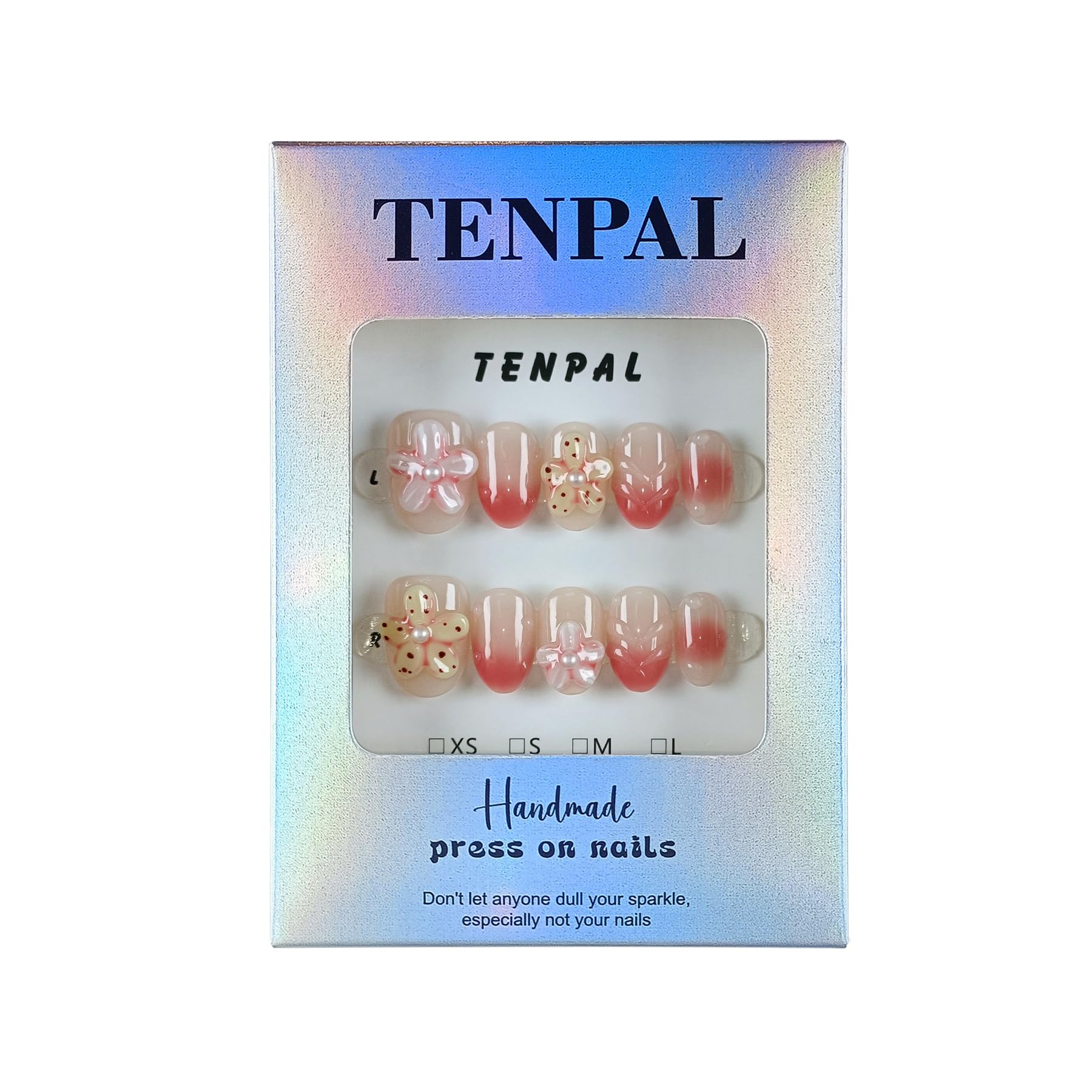 TENPAL Handmade Press On Nails Short Oval (10Pcs) – Coral Blush Gradient with Flower Details + Tools Kit