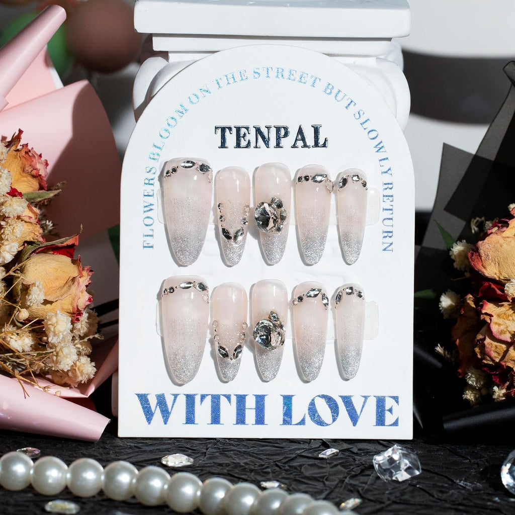 TENPAL French Tip Press-On Nails — Long Stiletto Nude Glitter with Ombre Cat Eye (10pcs/Box, XS)