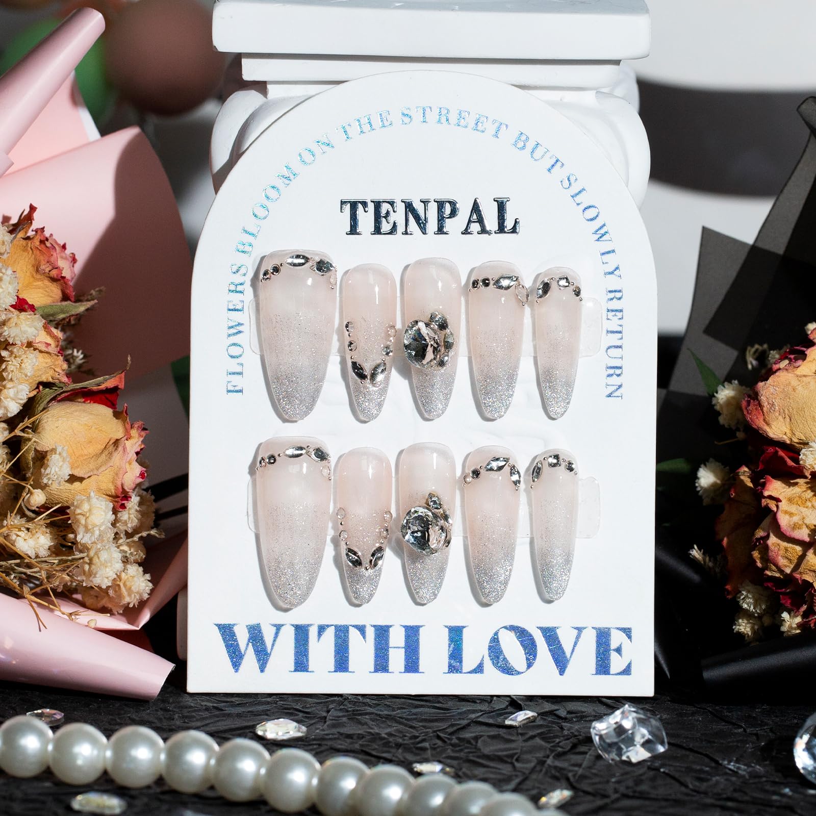 TENPAL French Tip Press-On Nails — Long Stiletto Nude Glitter with Ombre Cat Eye (10pcs/Box, XS)
