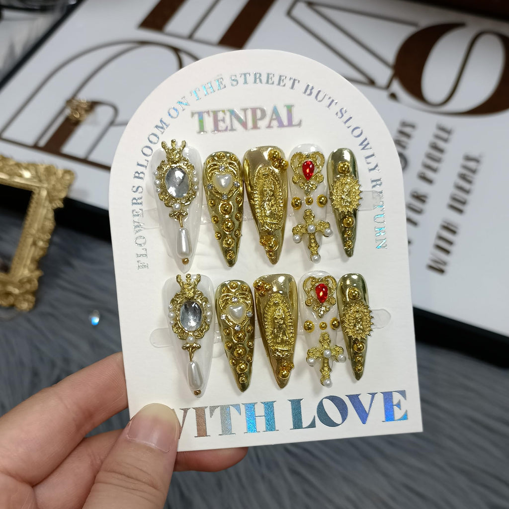 TENPAL 10Pcs Handmade Royal Press On Nails – Metallic Gold Long Stiletto with Pearl & Celestial Charms (M)