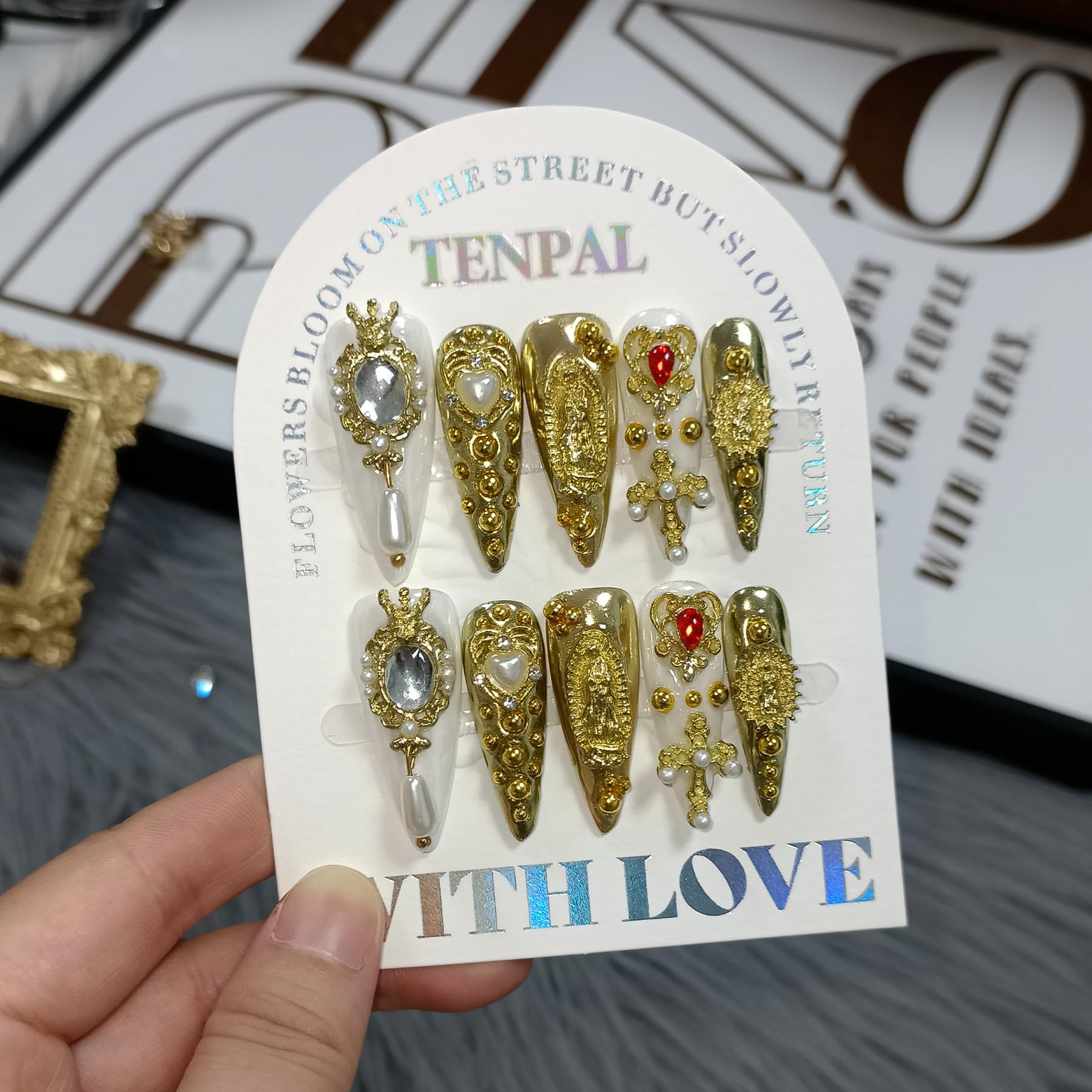 TENPAL 10Pcs Handmade Royal Press On Nails – Metallic Gold Long Stiletto with Pearl & Celestial Charms (M)