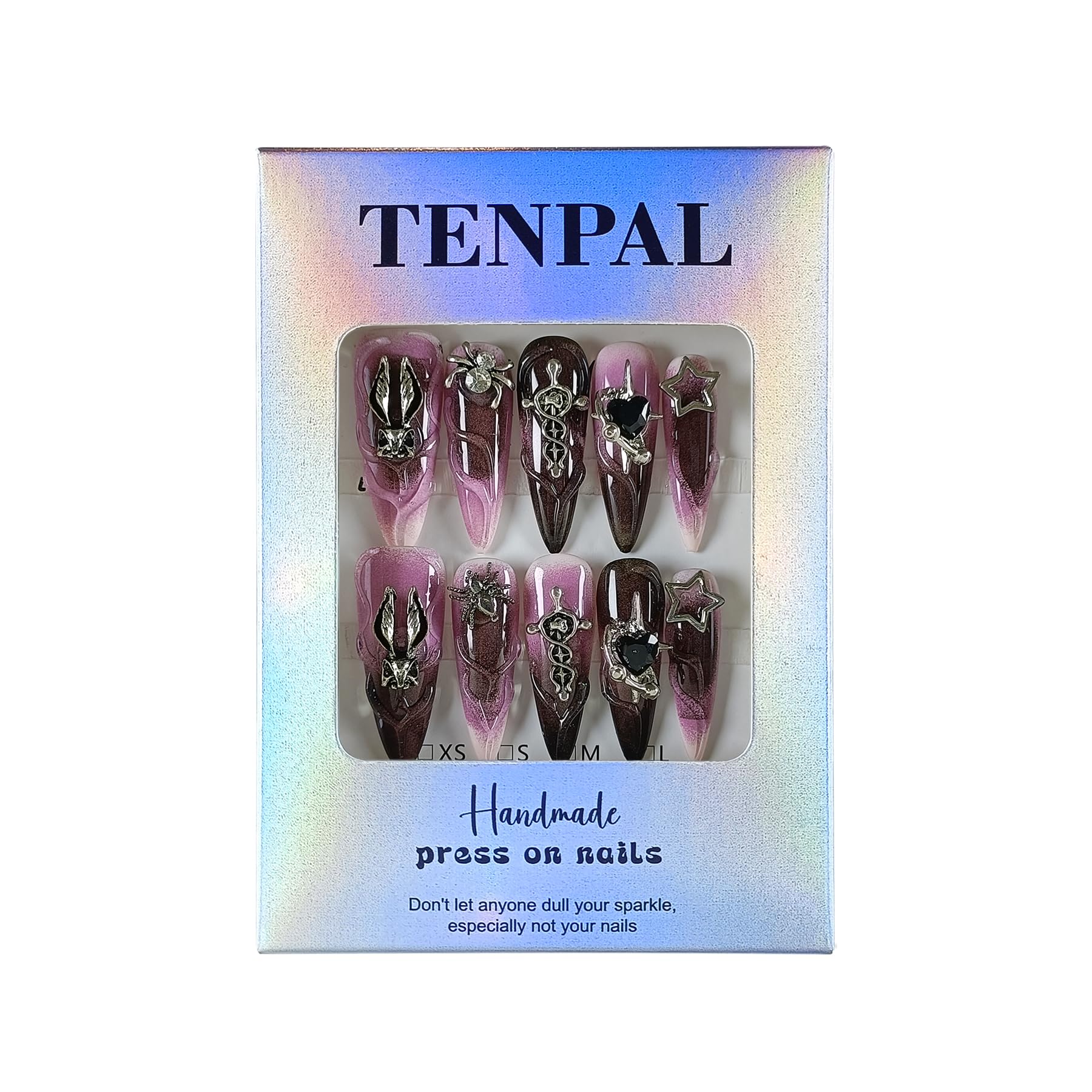TENPAL 10Pcs Handmade Press On Nails – Long Stiletto Gothic Pink & Black Swirl with 3D Charms