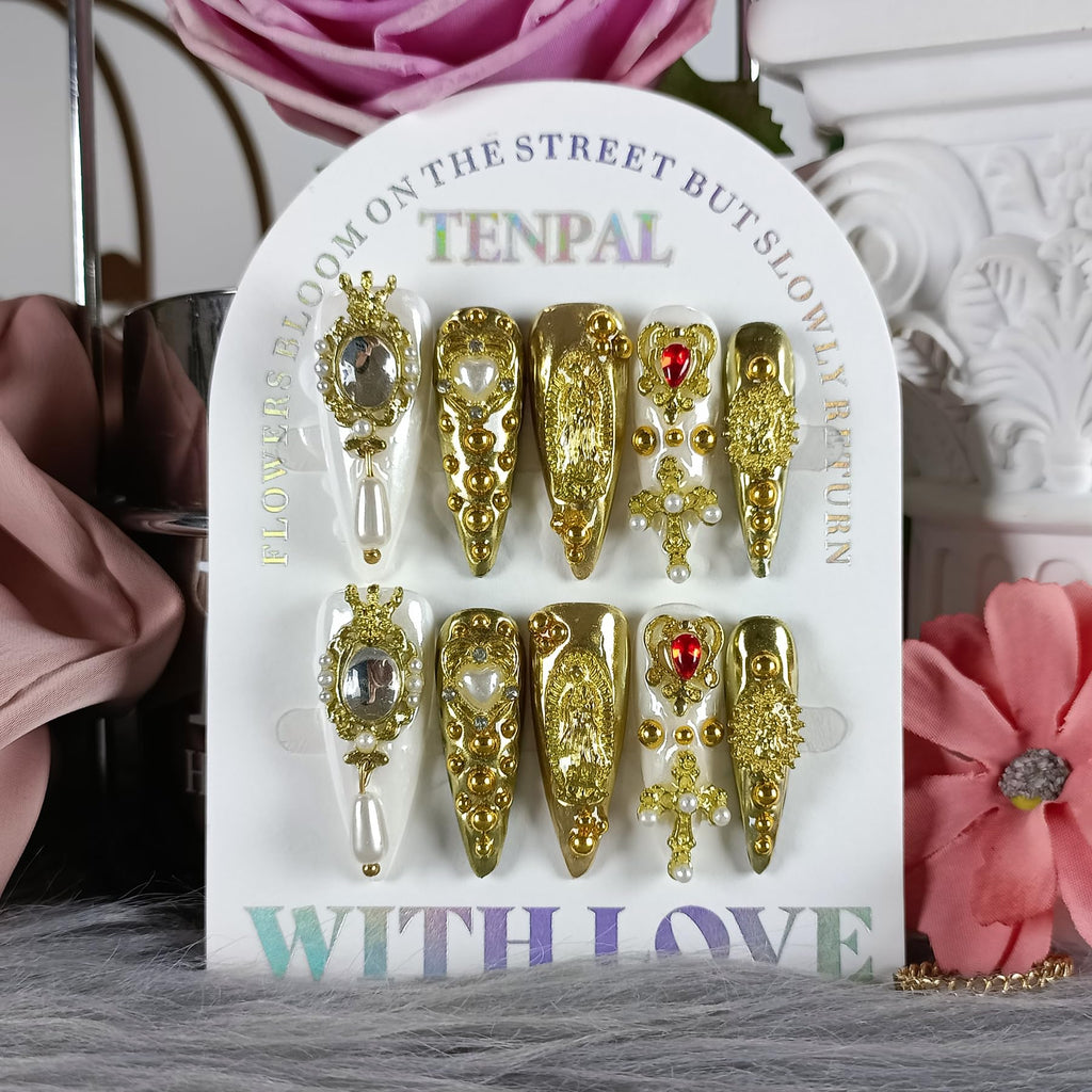 TENPAL 10Pcs Handmade Royal Press On Nails – Metallic Gold Long Stiletto with Pearl & Celestial Charms (M)