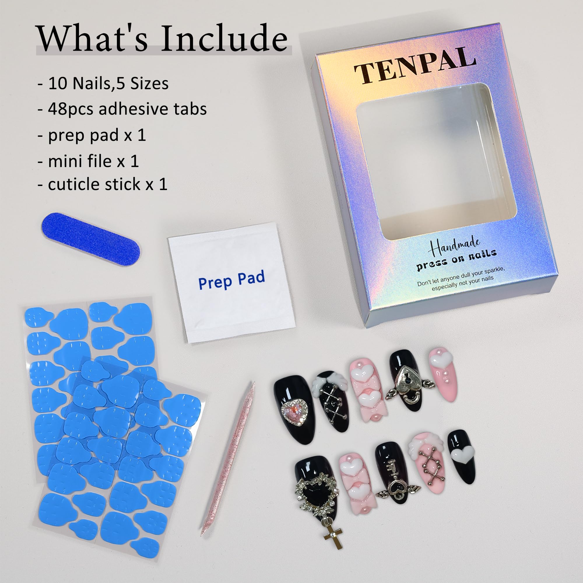 TENPAL 10Pcs Y2K Press On Nails with Tools – Ebony & Pink Almond, 3D Heart Bow & Cross Charms