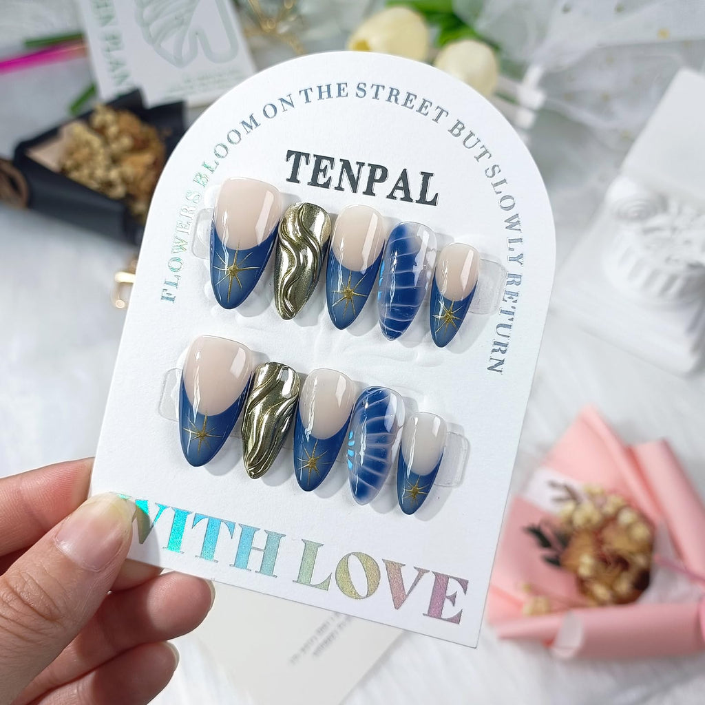 TENPAL Blue French Tip Press-On Nails – Almond (Medium), Size L, Metallic Star 3D Waves & Crocodile Pattern (10pcs)
