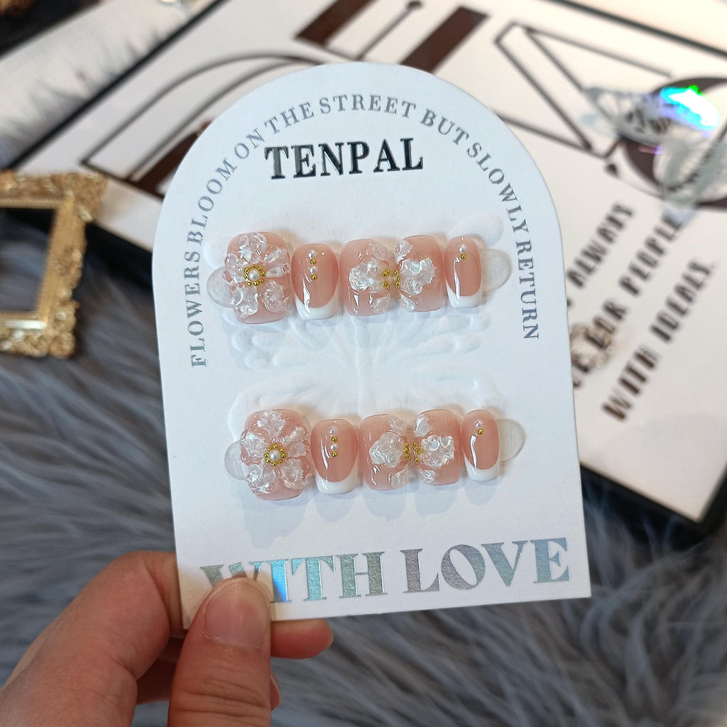 TENPAL Press On Nails Kit with Tools – Nude French 3D Floral Embossed Nails (White French) 10Pcs (M)