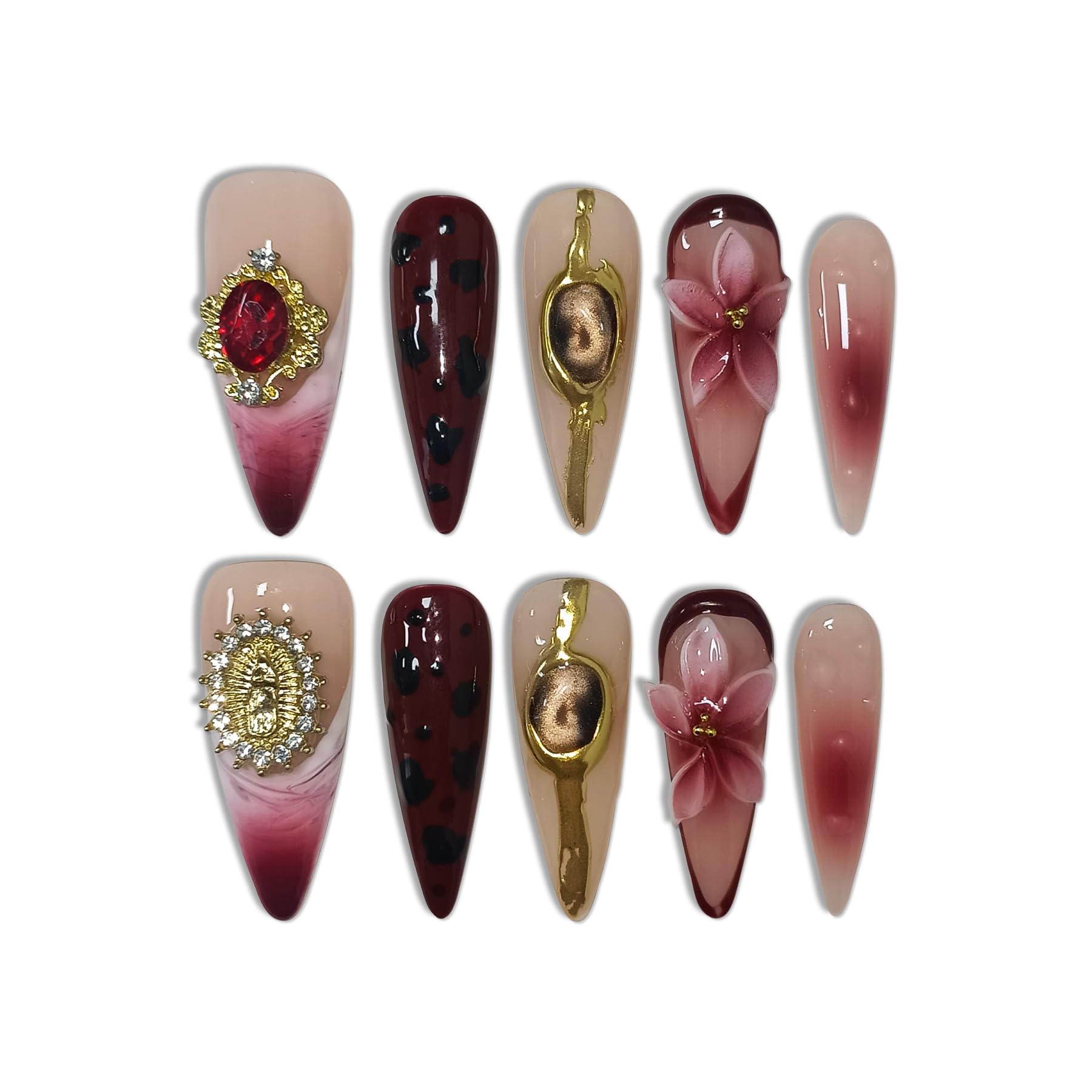 TENPAL Handmade Press-On Nails – Long Stiletto Burgundy Cat Eye 3D Leopard