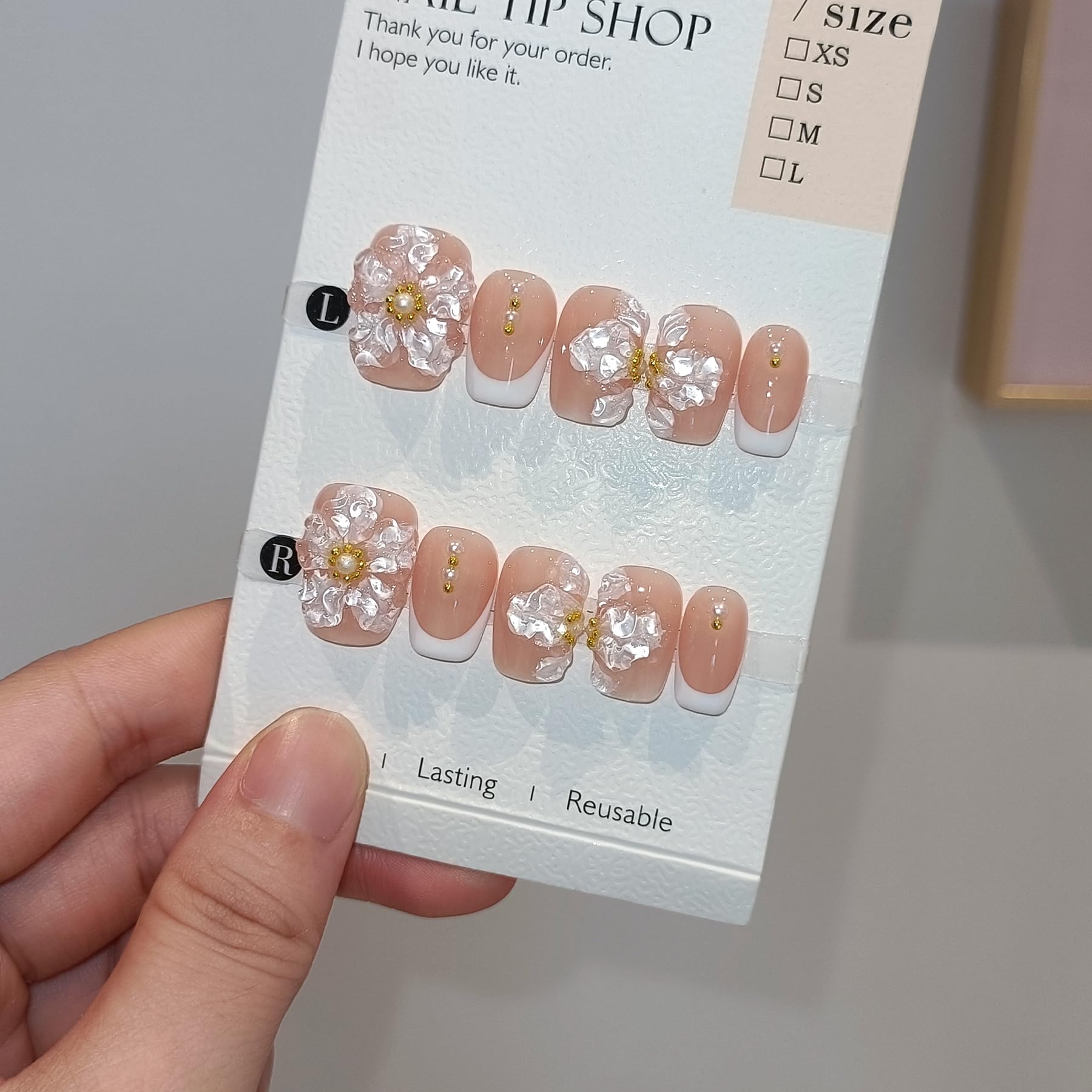 TENPAL Press On Nails Kit with Tools – Nude French 3D Floral Embossed Nails (White French) 10Pcs (M)