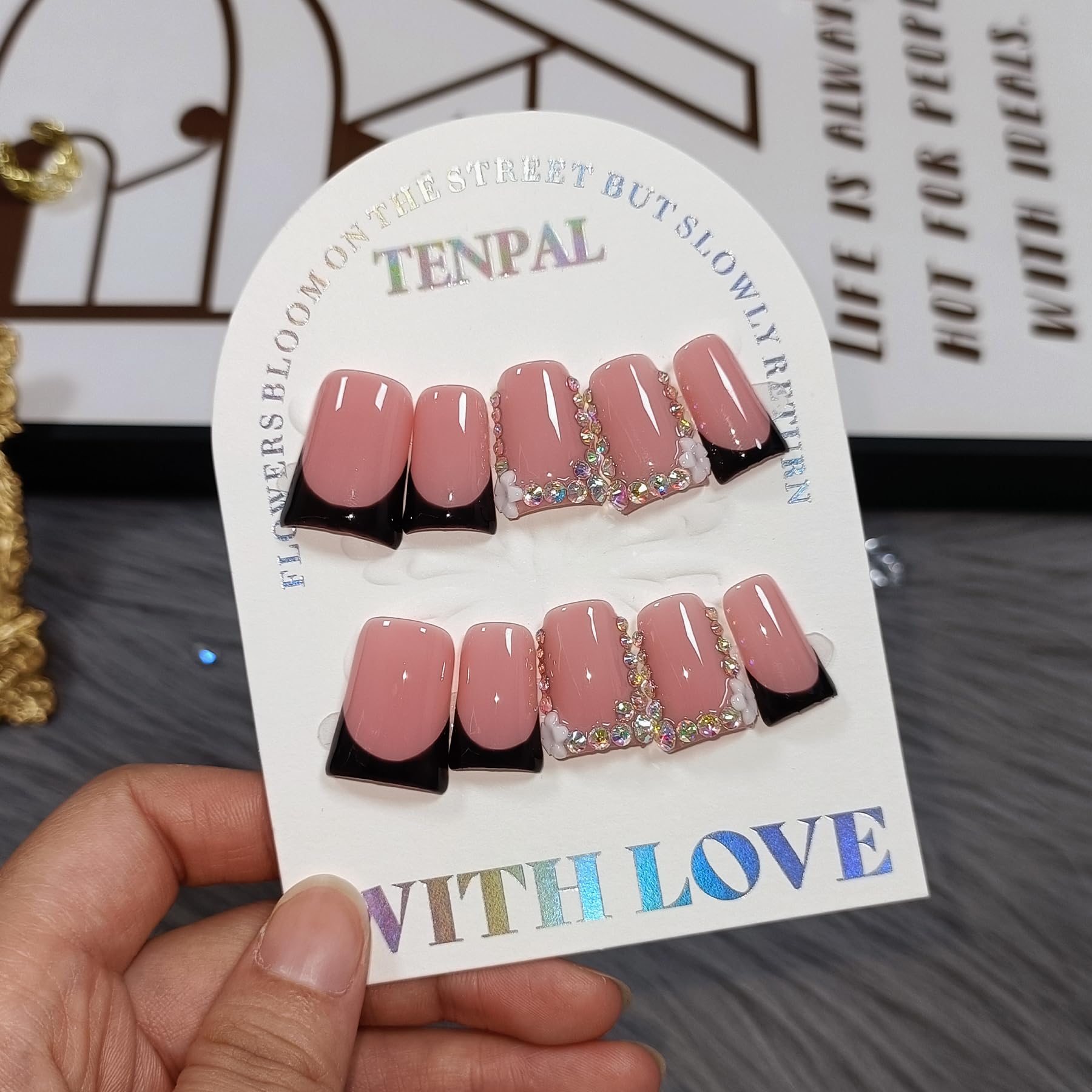 TENPAL Handmade Duck Nails Press On – Pink & Black French Tip Duckbill with Rhinestone Edge, 10pc Glue-On Nails Kit