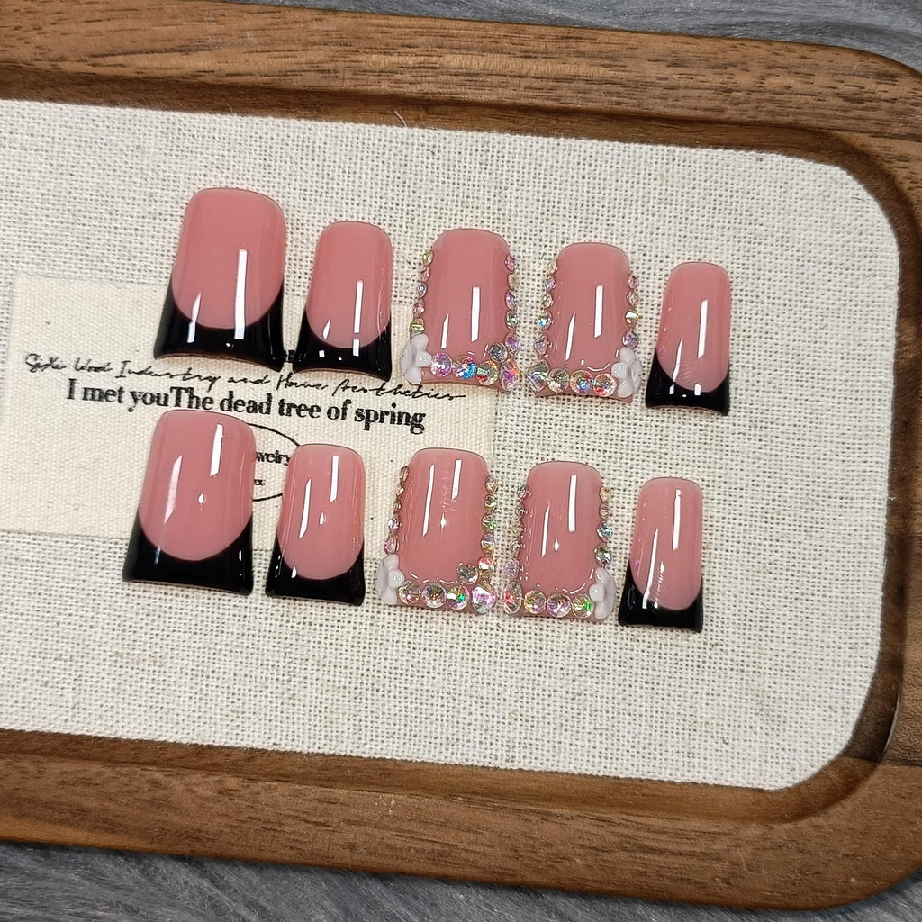 TENPAL Handmade Duck Nails Press On – Pink & Black French Tip with Rhinestone Edge (10PCS)
