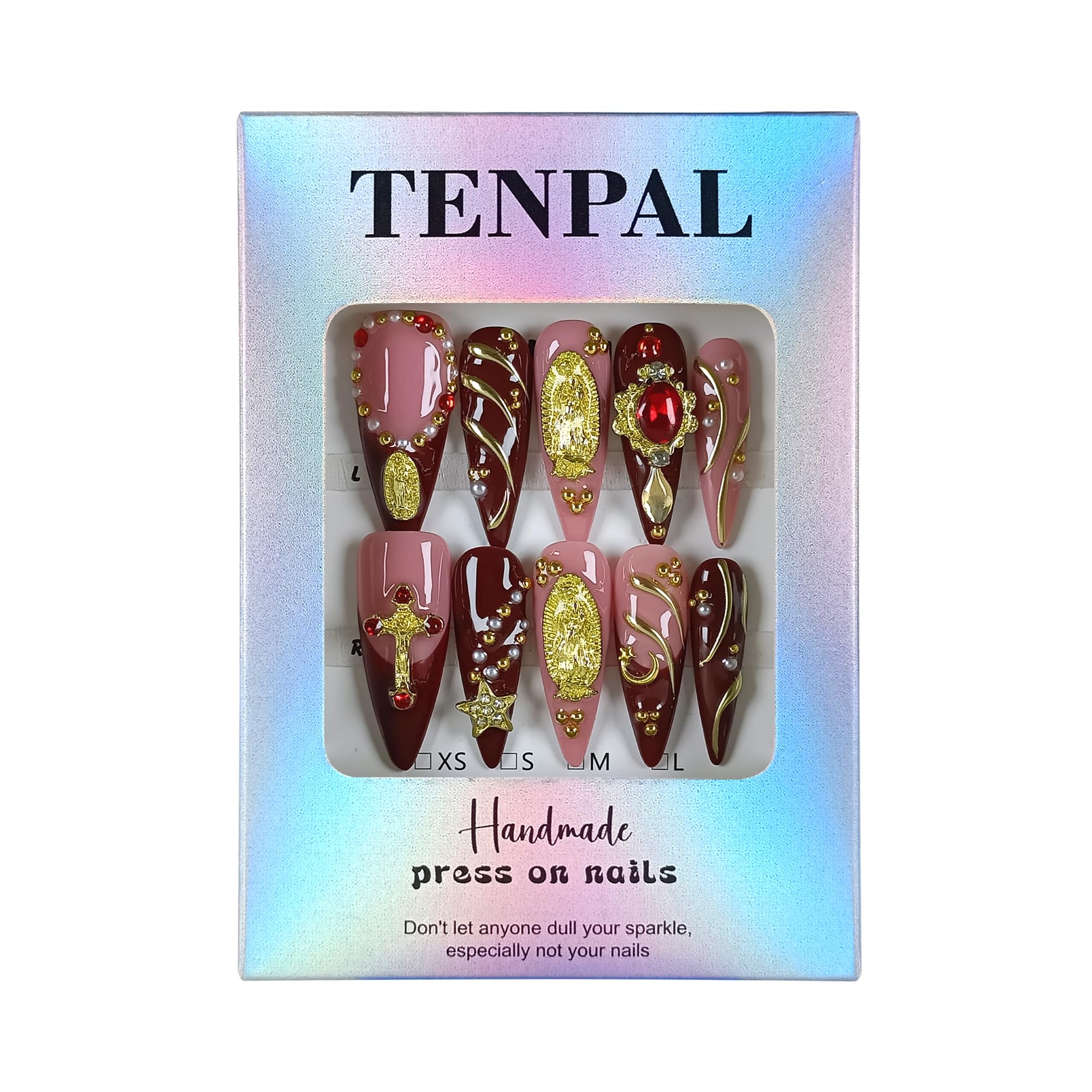 TENPAL Handmade Press On Nails – Long Stiletto Nude Pink Wine with 3D Cross Charm