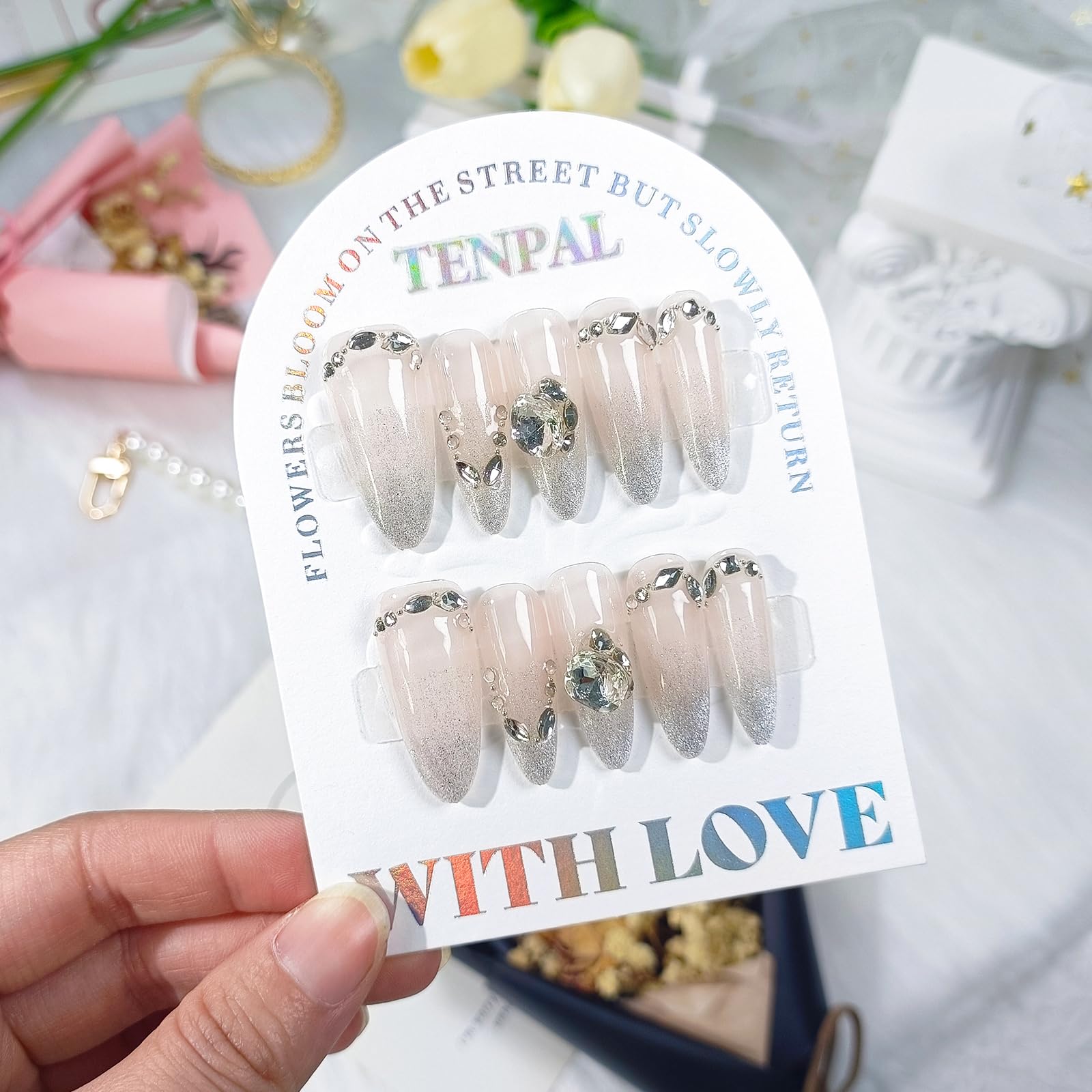 TENPAL French Tip Press-On Nails — Long Stiletto Nude Glitter with Ombre Cat Eye (10pcs/Box, XS)