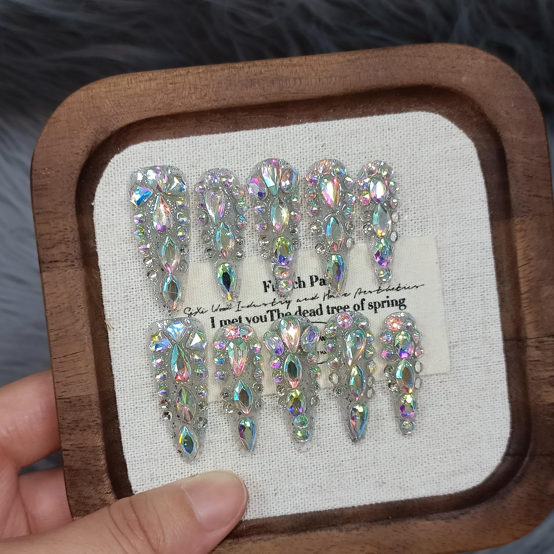 TENPAL 10Pcs Luxury Press On Nails Long Stiletto – Full Cover Crystal Glitter Nail Set with Tools | Reusable Bridal & Party Nails XS