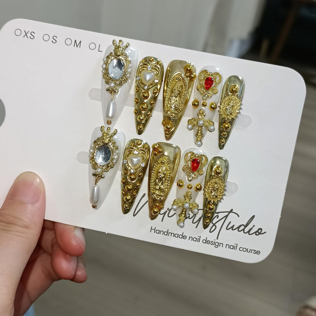 TENPAL 10Pcs Handmade Royal Press On Nails – Metallic Gold Long Stiletto with Pearl & Celestial Charms (M)