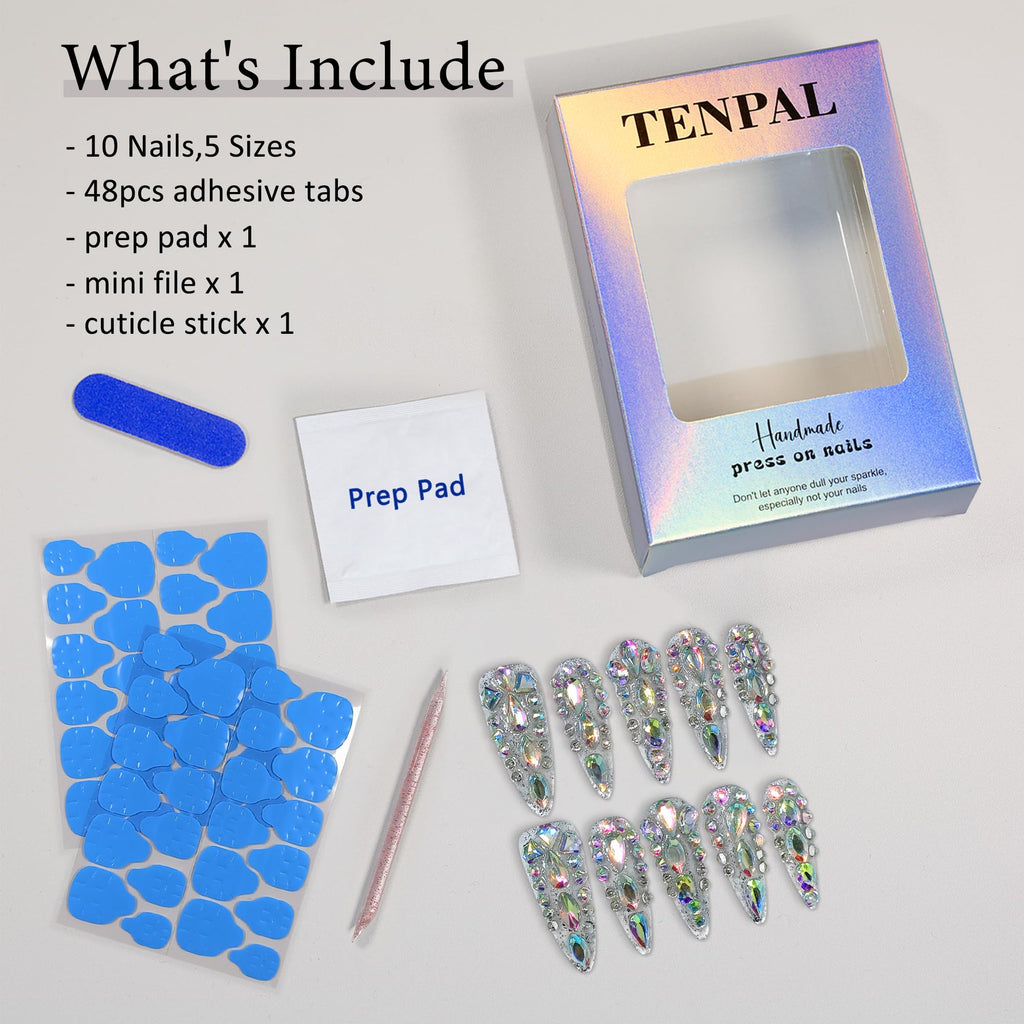 TENPAL 10Pcs Luxury Press On Nails Long Stiletto – Full Cover Crystal Glitter Nail Set with Tools | Reusable Bridal & Party Nails XS