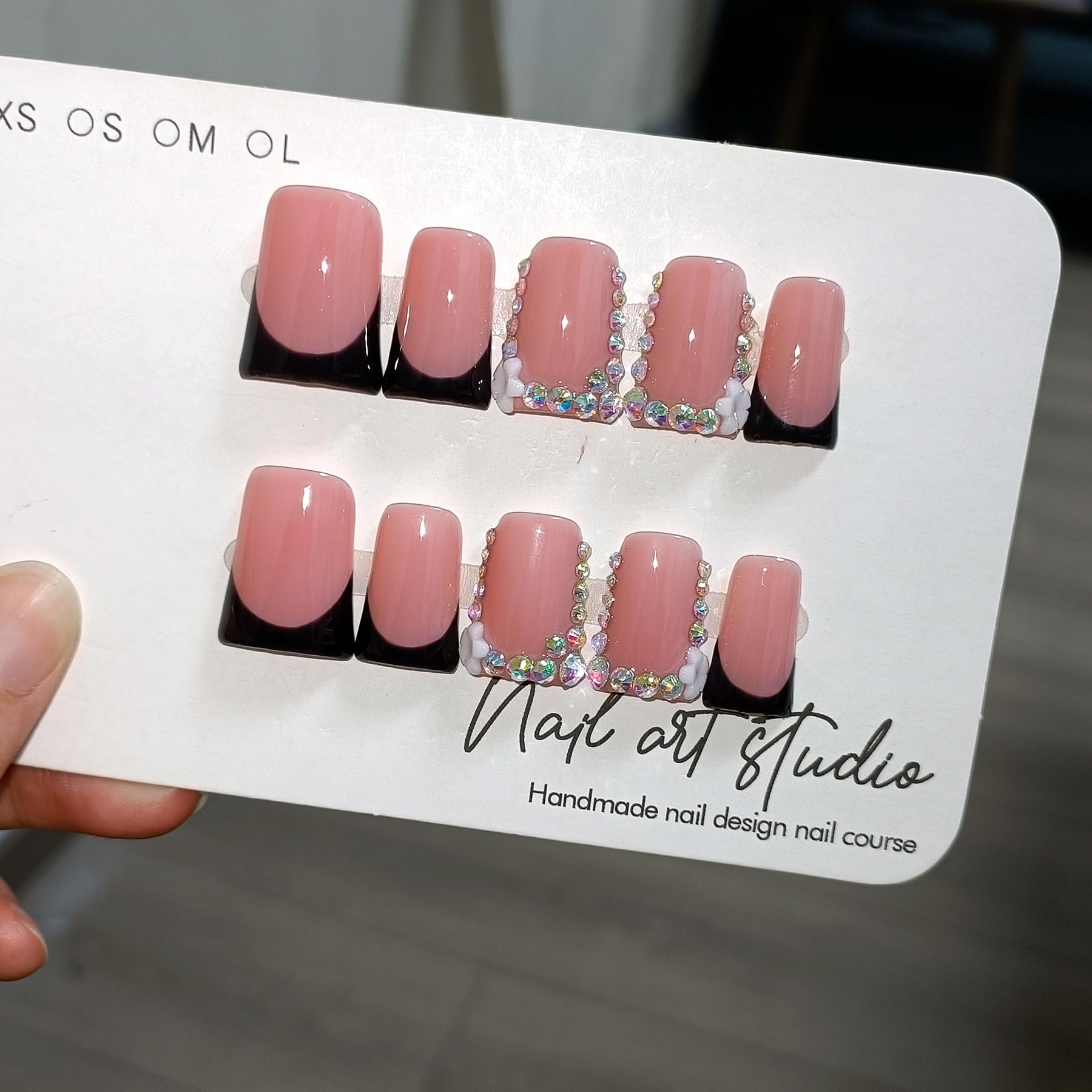 TENPAL Handmade Duck Nails Press On – Pink & Black French Tip with Rhinestone Edge (10PCS)