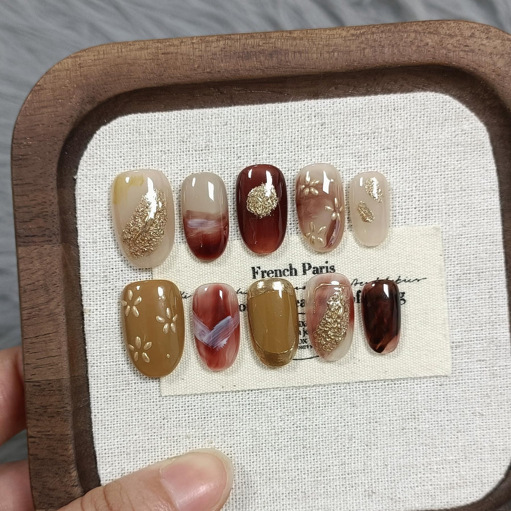 TENPAL Handmade Soft Gel Press On Nails with Tools – Amber Cat Eye Short Oval, Glossy Glitter Embossed Floral, Autumn Ombre Leaves, 10pcs
