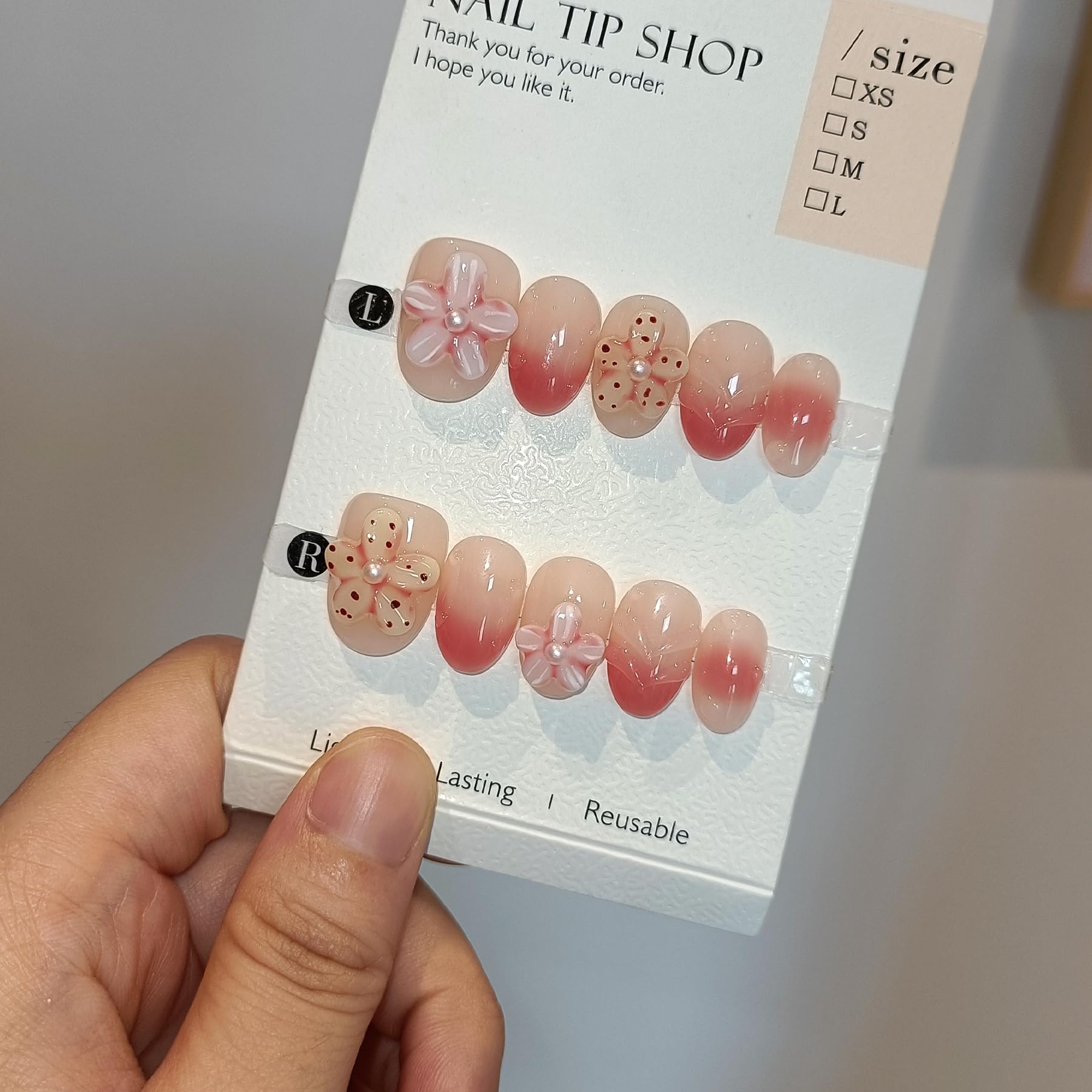 TENPAL Handmade Press On Nails Short Oval (10Pcs) – Coral Blush Gradient with Flower Details + Tools Kit