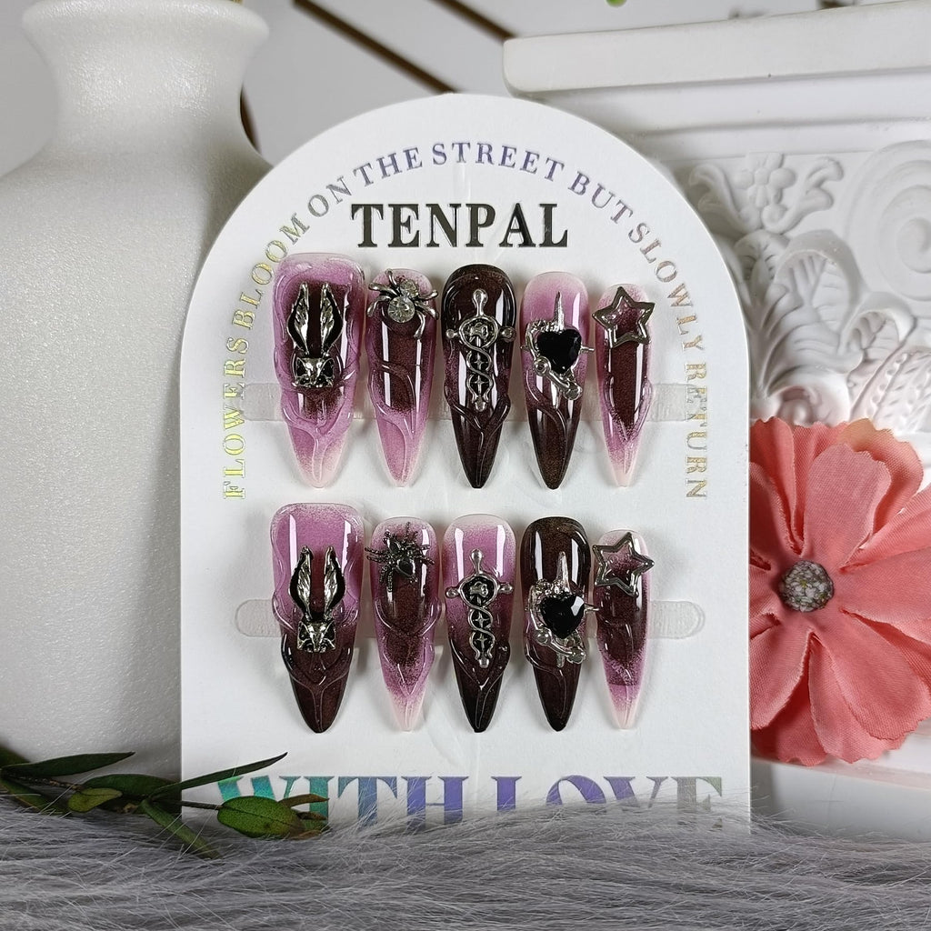 TENPAL 10Pcs Handmade Press On Nails – Long Stiletto Gothic Pink & Black Swirl with 3D Charms