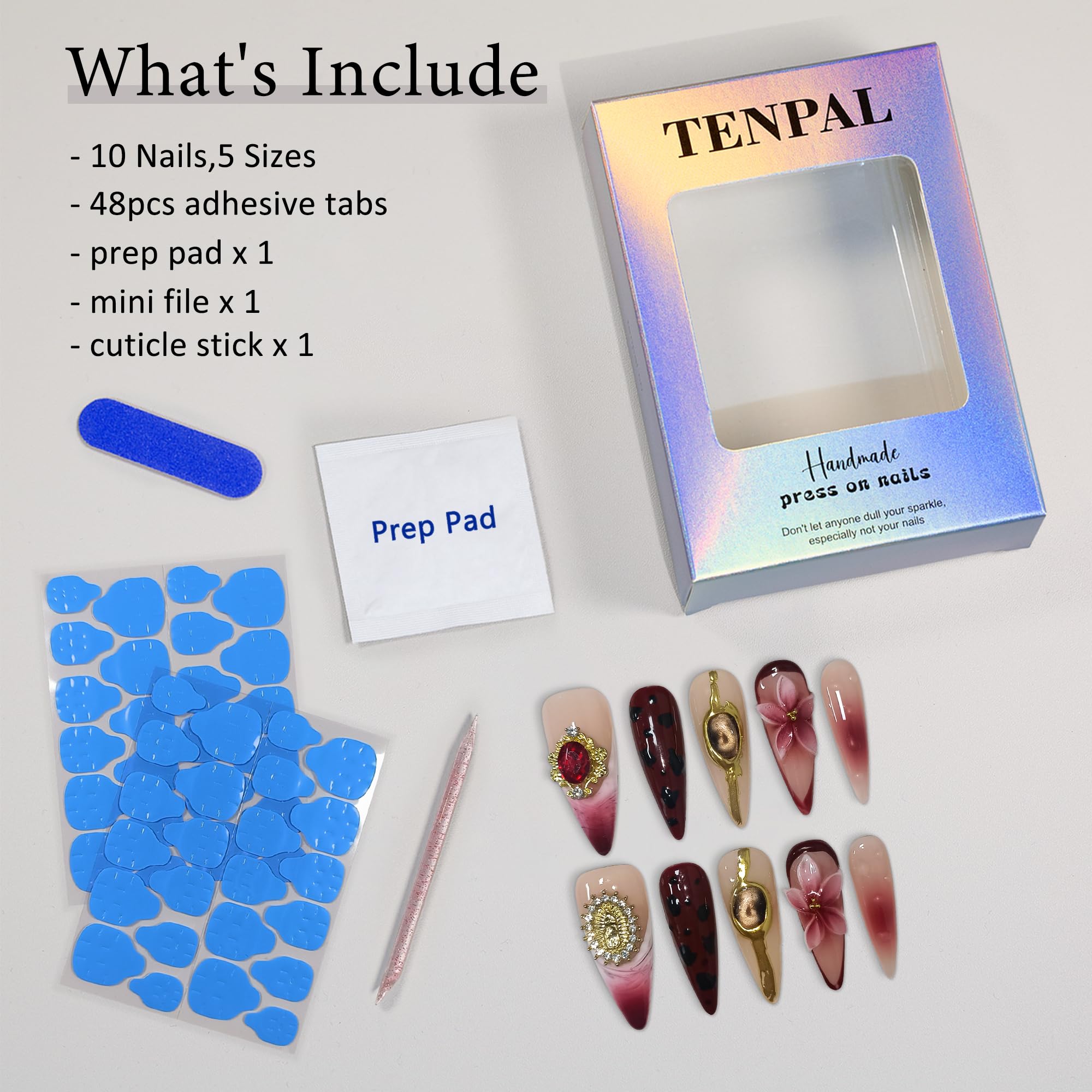 TENPAL Handmade Long Stiletto Press-On Nails – Burgundy Cat Eye 3D Leopard Embossed Design