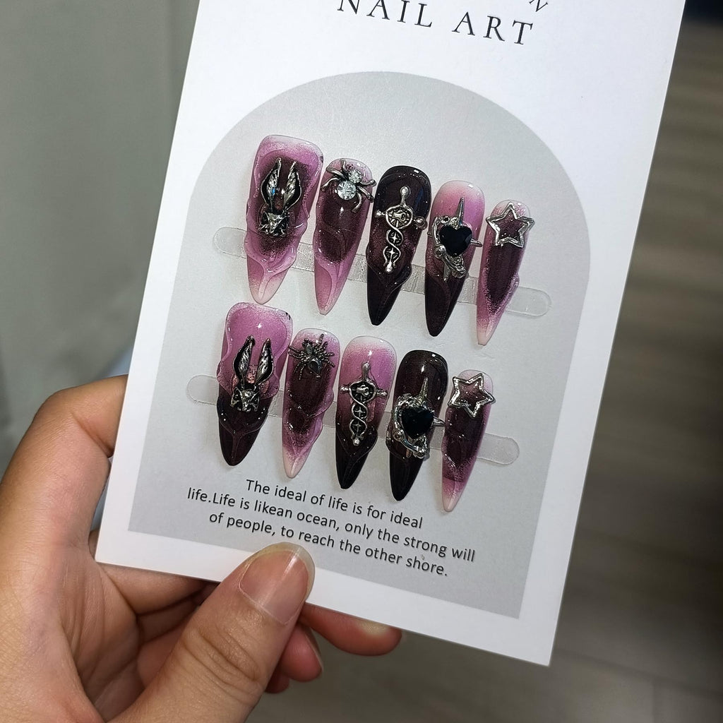 TENPAL 10Pcs Handmade Press On Nails – Long Stiletto Gothic Pink & Black Swirl with 3D Charms