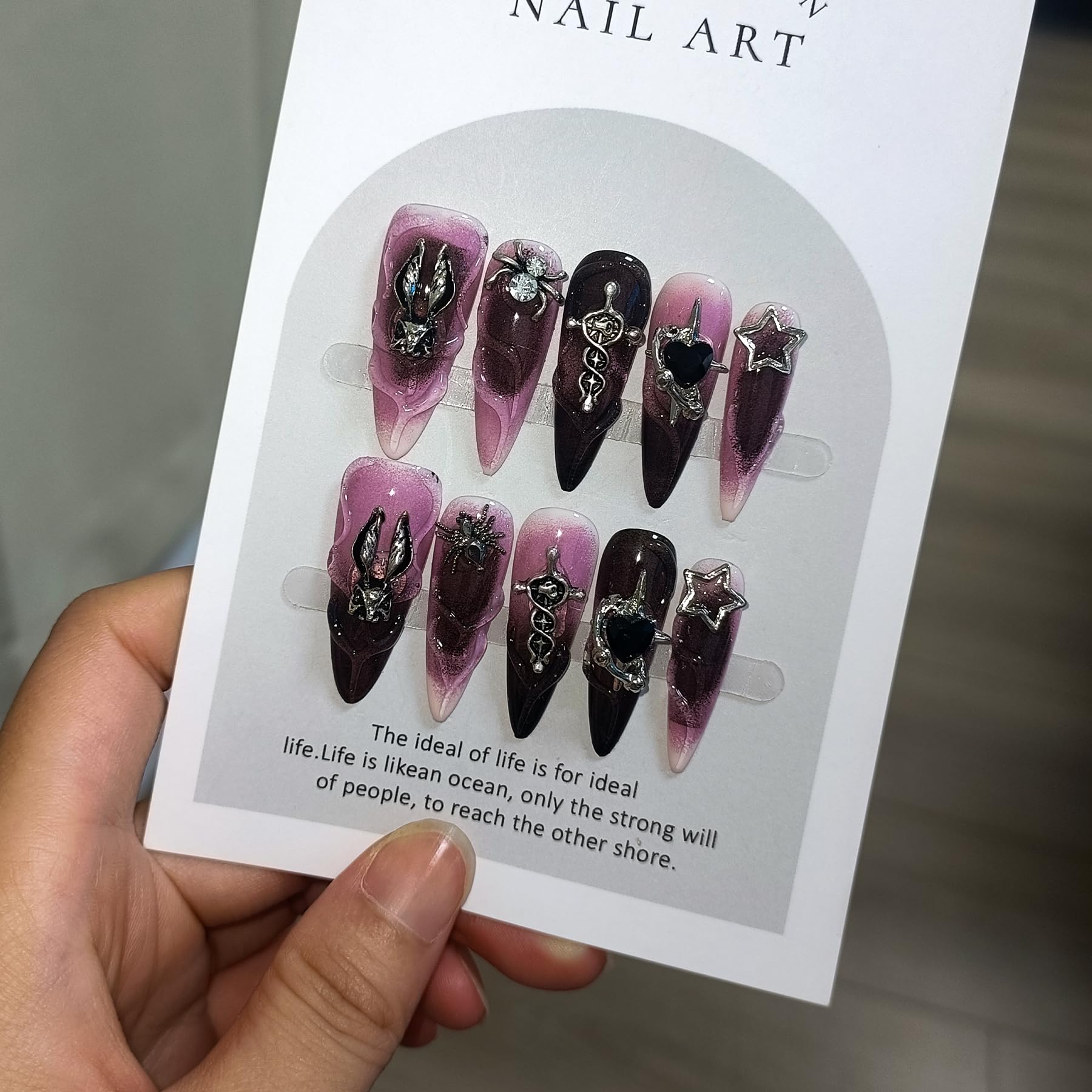 TENPAL 10Pcs Handmade Press On Nails – Long Stiletto Gothic Pink & Black Swirl with 3D Charms