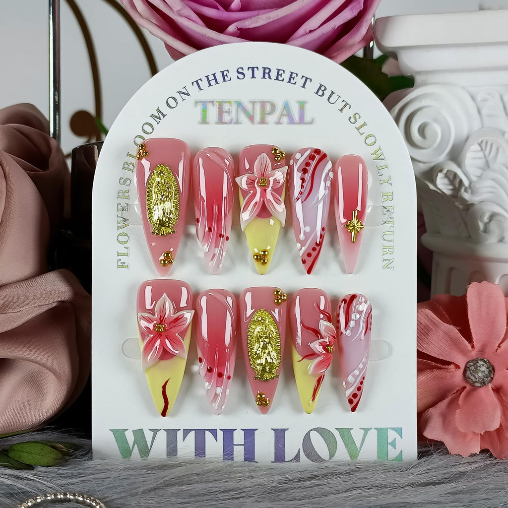 TENPAL Handmade Press On Nails Long Stiletto - Vivid Red 3D Floral Blush Ombre | Glossy French Tips
