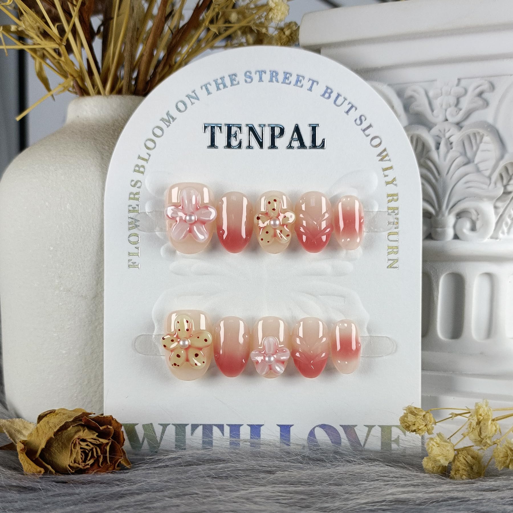 TENPAL Handmade Press On Nails Short Oval (10Pcs) – Coral Blush Gradient with Flower Details + Tools Kit