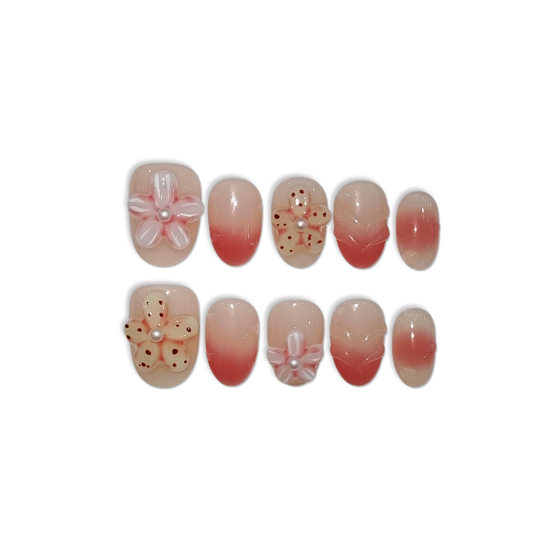 TENPAL Handmade Press On Nails Short Oval (10Pcs) – Coral Blush Gradient with Flower Details + Tools Kit