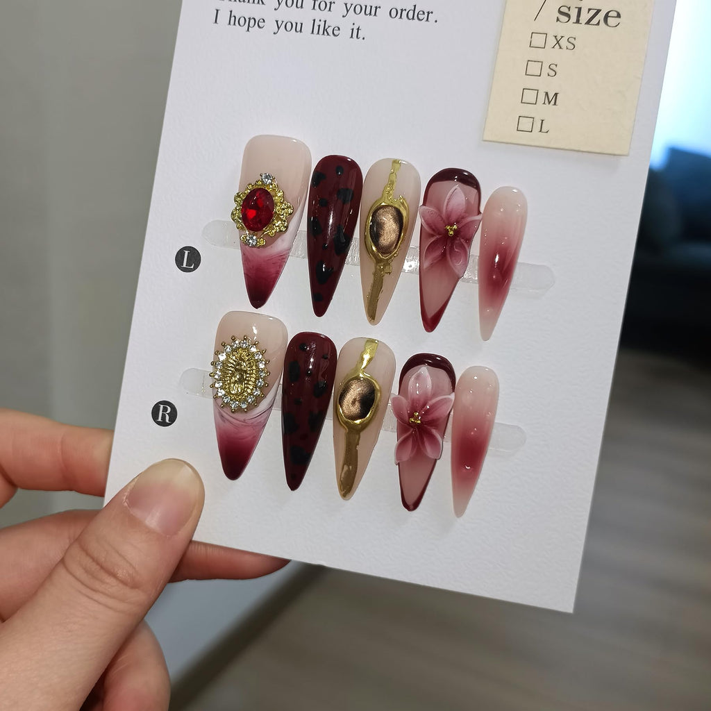 TENPAL Handmade Press-On Nails – Long Stiletto Burgundy Cat Eye 3D Leopard