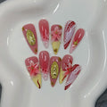 TENPAL Handmade Press On Nails Long Stiletto - Vivid Red 3D Floral Blush Ombre | Glossy French Tips