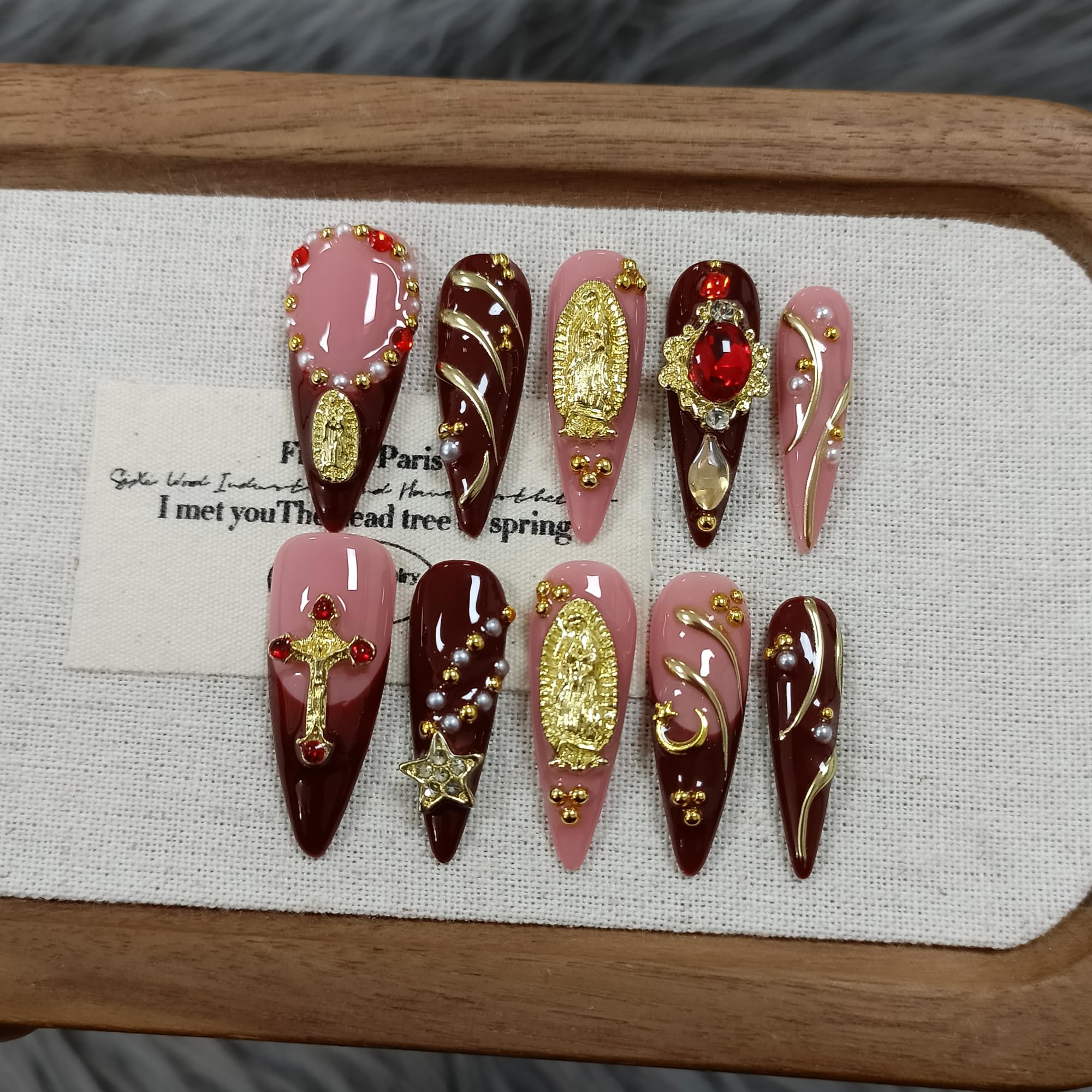 TENPAL Handmade Press On Nails Long Stiletto – Nude Pink Wine Cross Design | Chapelcore Y2K Nails