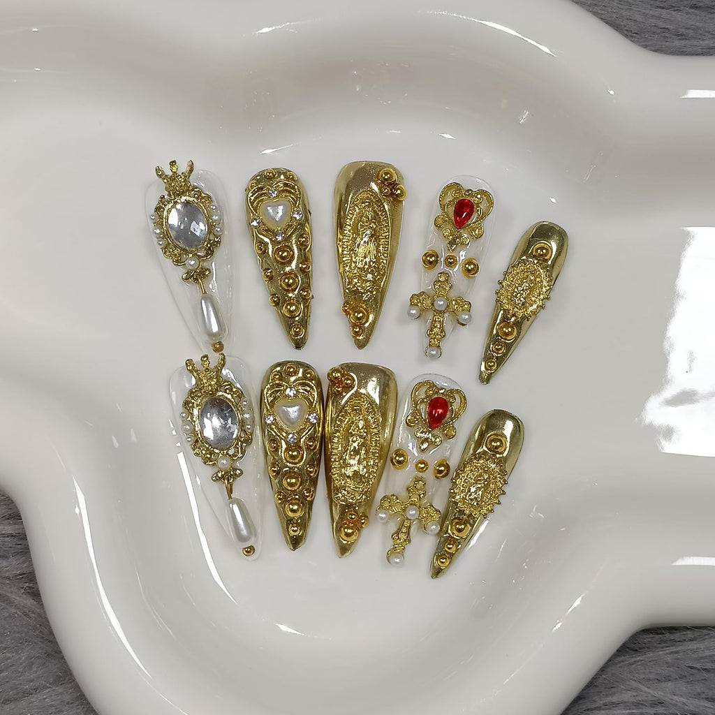 TENPAL 10Pcs Handmade Royal Press On Nails – Metallic Gold Long Stiletto with Pearl & Celestial Charms (M)
