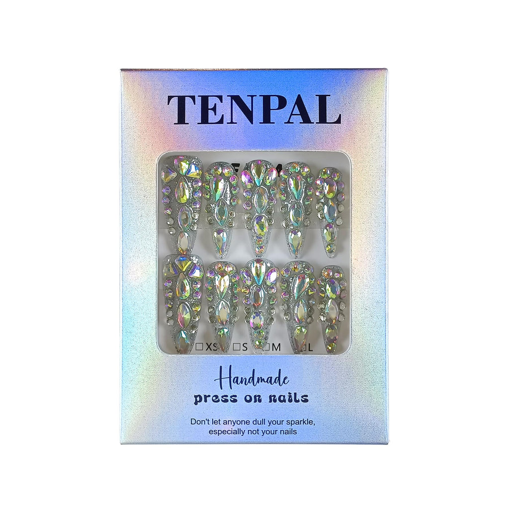 TENPAL 10Pcs Luxury Press On Nails Long Stiletto – Full Cover Crystal Glitter Nail Set with Tools | Reusable Bridal & Party Nails XS