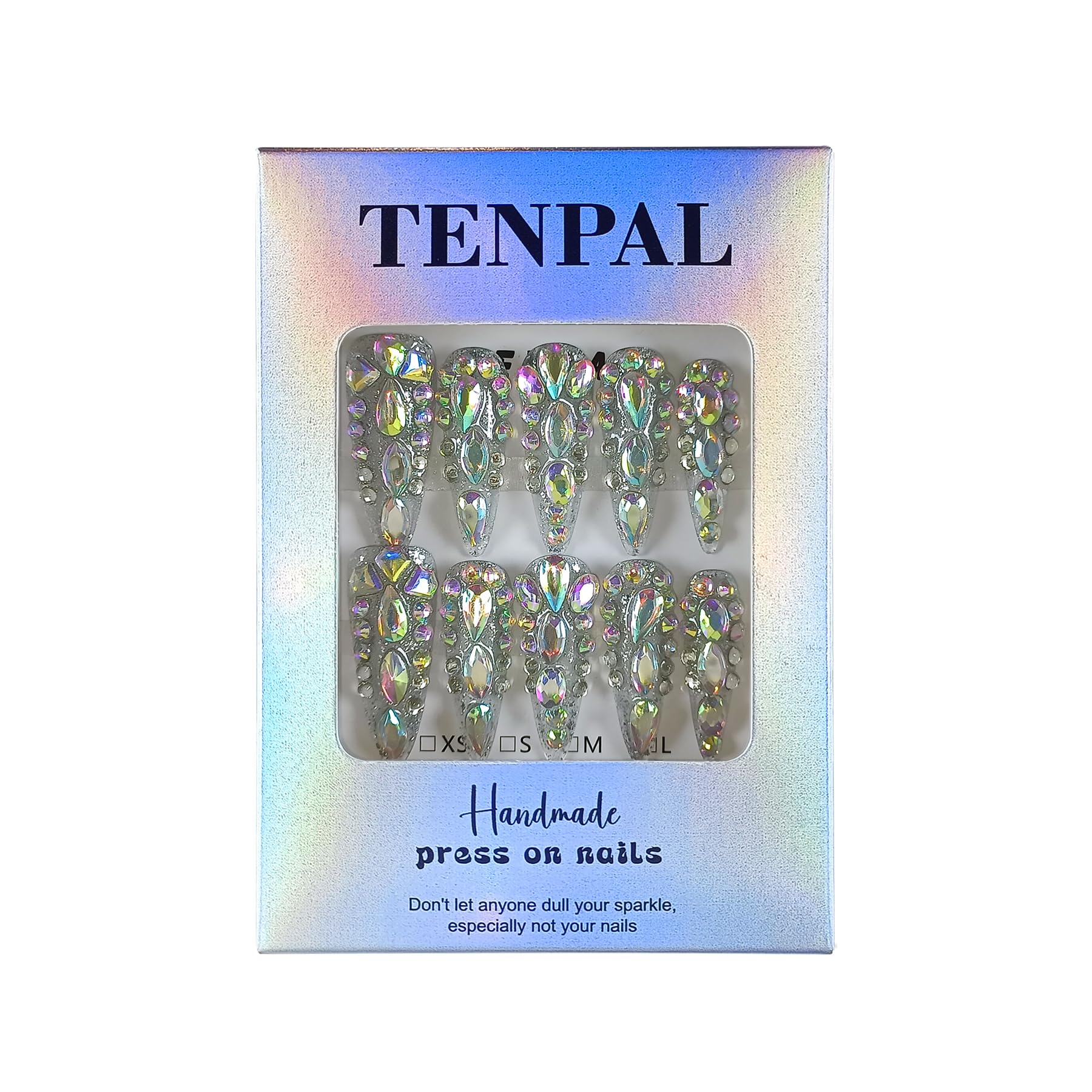 TENPAL 10Pcs Luxury Press On Nails Long Stiletto – Full Cover Crystal Glitter Nail Set with Tools | Reusable Bridal & Party Nails XS