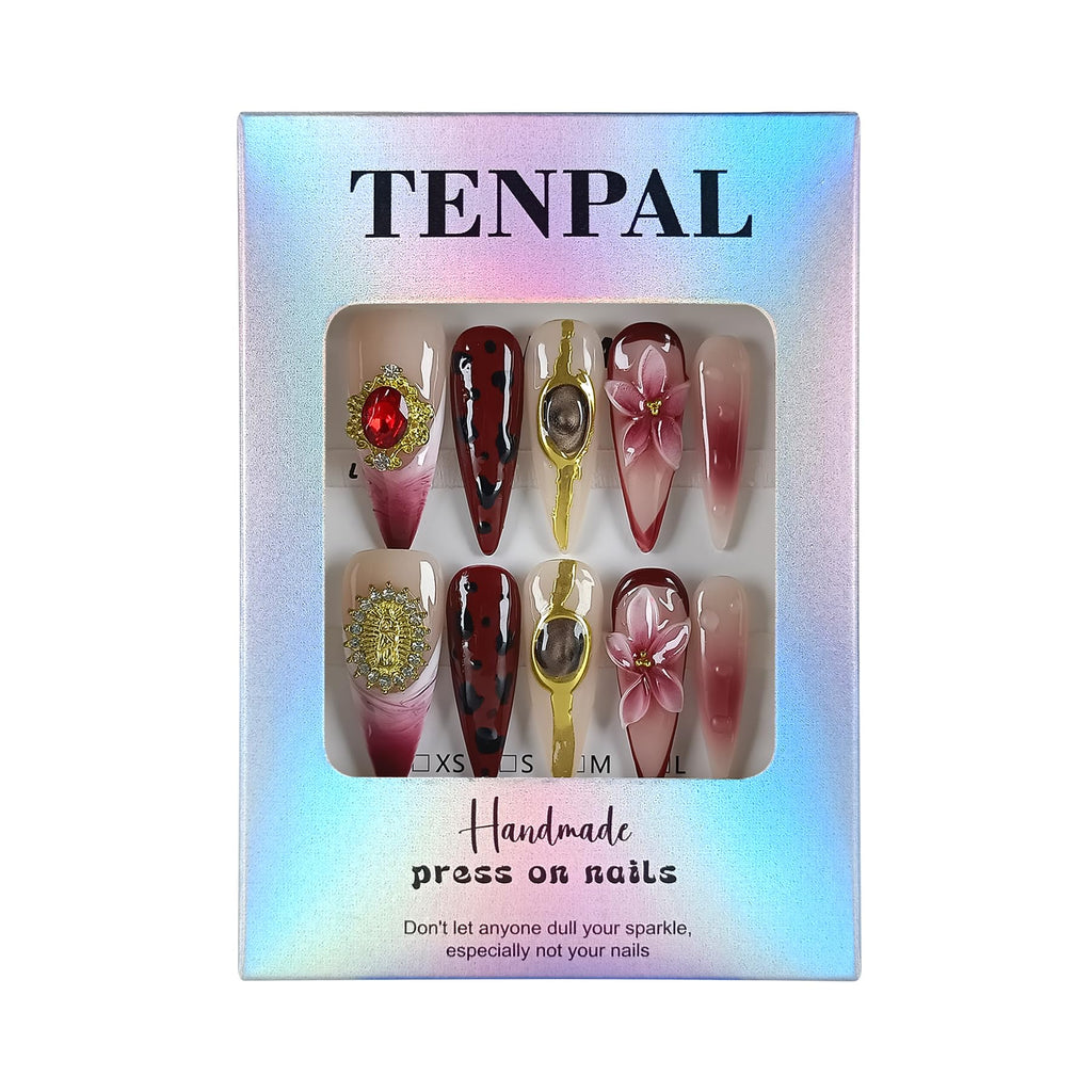 TENPAL Handmade Long Stiletto Press-On Nails – Burgundy Cat Eye 3D Leopard Embossed Design