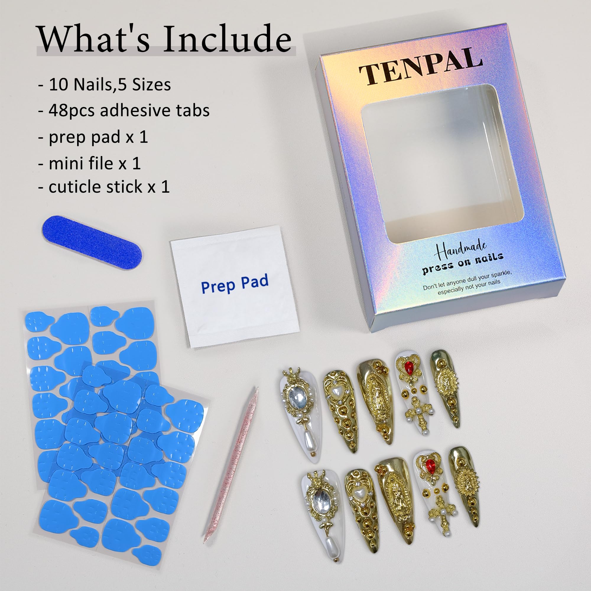 TENPAL 10Pcs Handmade Royal Press On Nails – Metallic Gold Long Stiletto with Pearl & Celestial Charms (M)