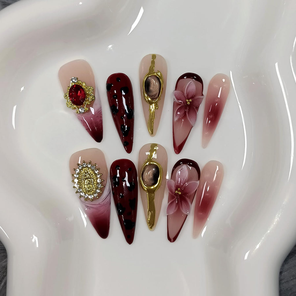 TENPAL Handmade Press-On Nails – Long Stiletto Burgundy Cat Eye 3D Leopard