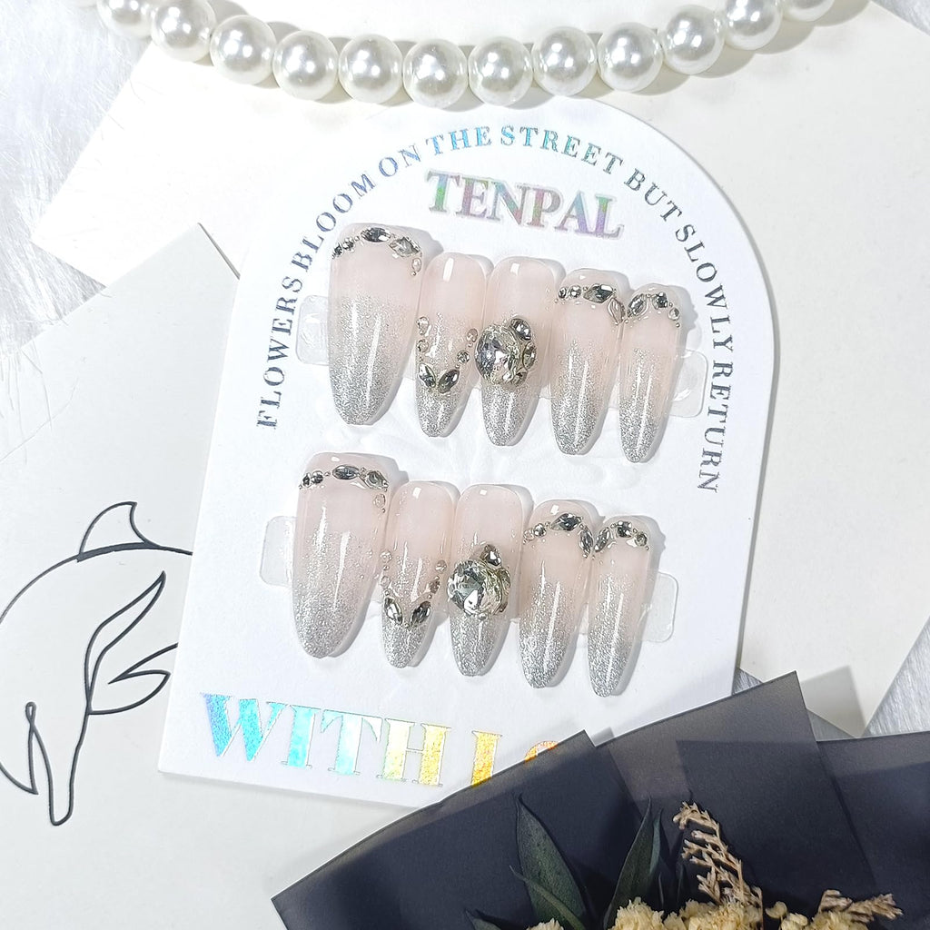 TENPAL French Tip Press-On Nails — Long Stiletto Nude Glitter with Ombre Cat Eye (10pcs/Box, XS)
