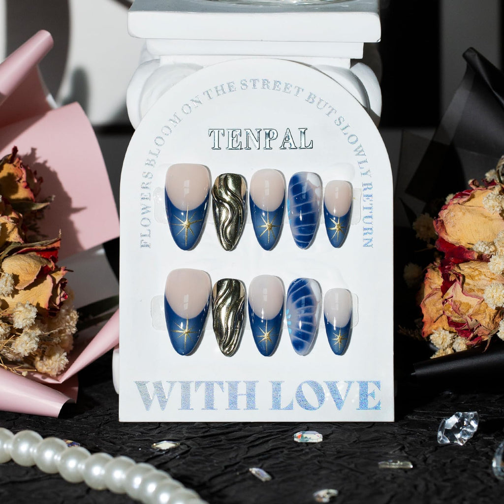 TENPAL Blue French Tip Press-On Nails – Almond (Medium), Size L, Metallic Star 3D Waves & Crocodile Pattern (10pcs)