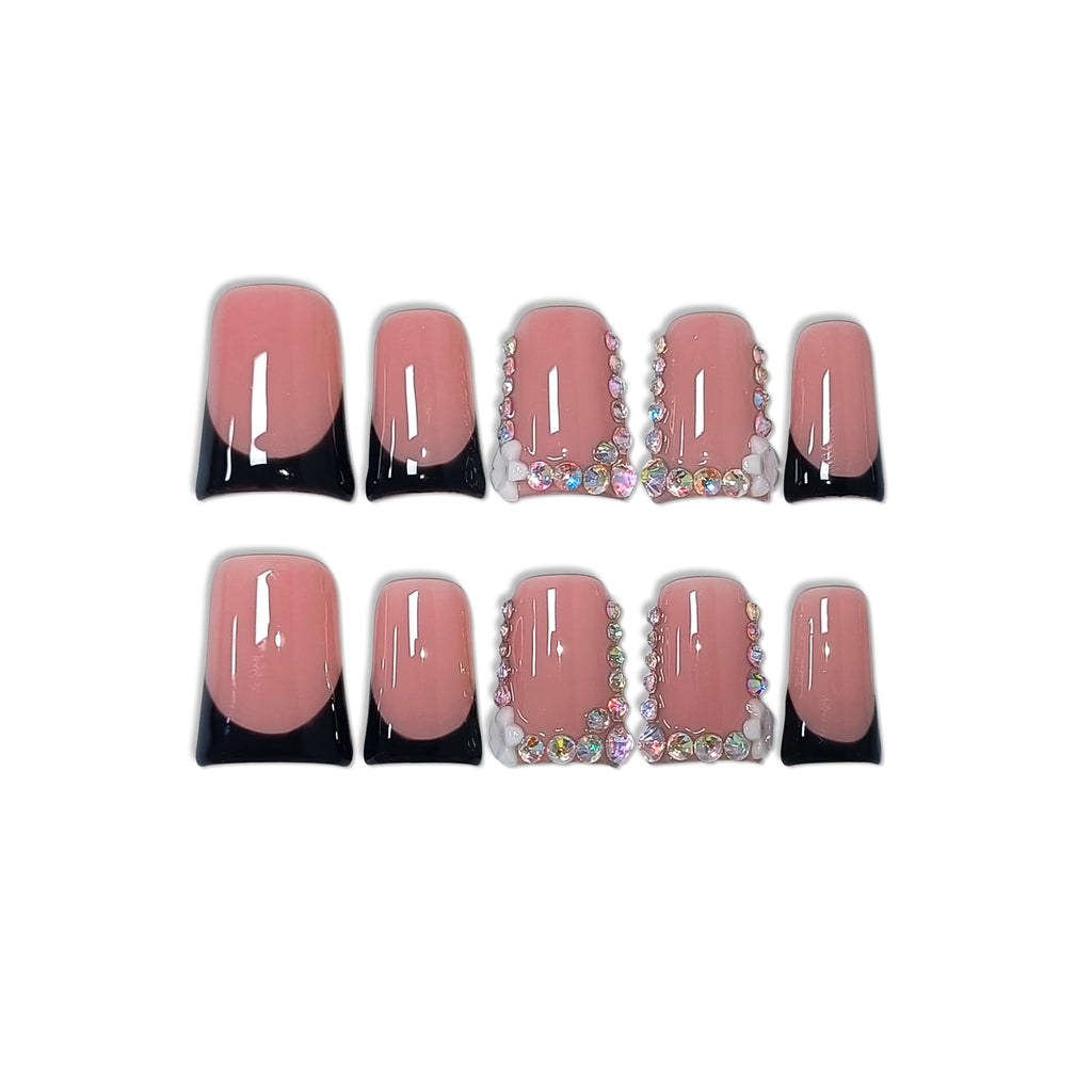 TENPAL Handmade Duck Nails Press On – Pink & Black French Tip with Rhinestone Edge (10PCS)
