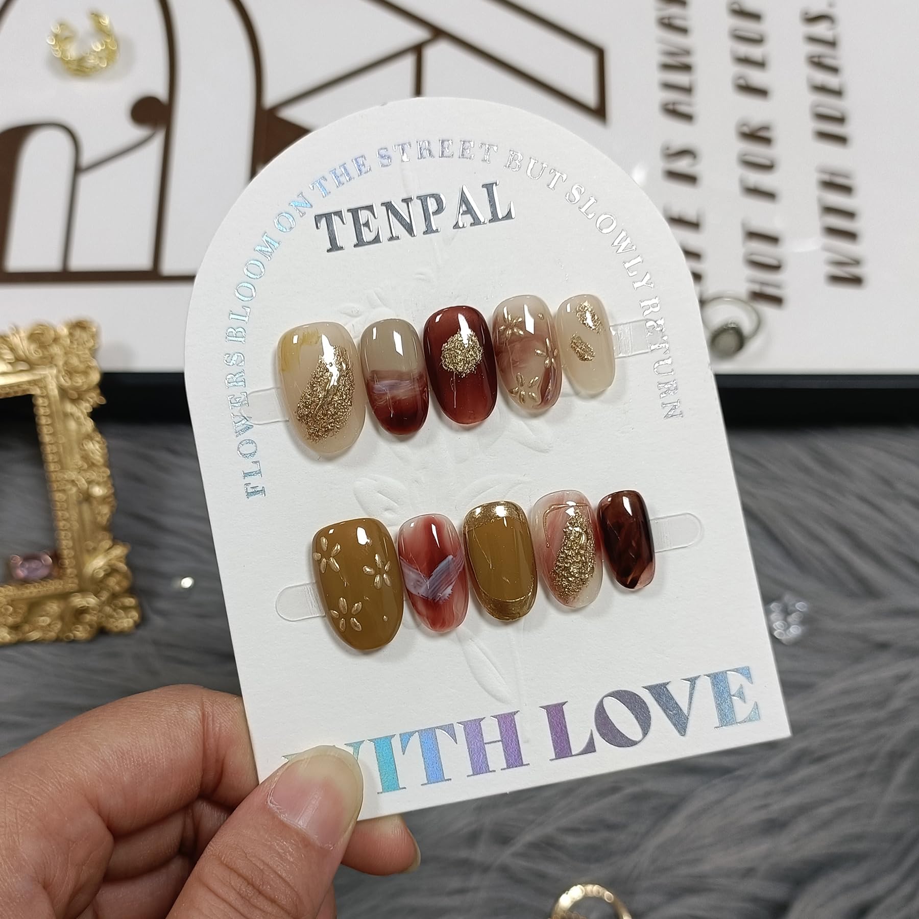TENPAL Handmade Soft Gel Press On Nails with Tools – Amber Cat Eye Short Oval, Glossy Glitter Embossed Floral, Autumn Ombre Leaves, 10pcs
