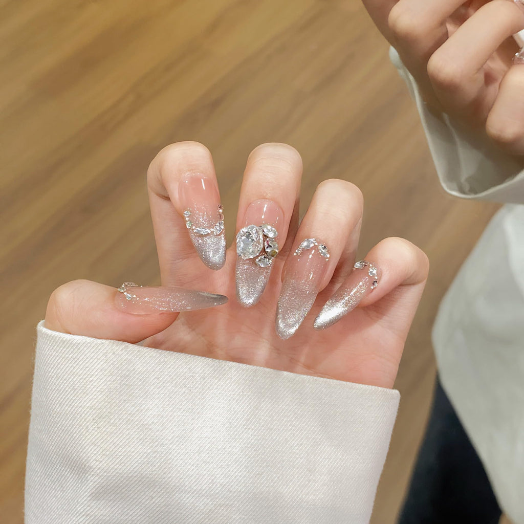 TENPAL French Tip Press-On Nails — Long Stiletto Nude Glitter with Ombre Cat Eye (10pcs/Box, XS)
