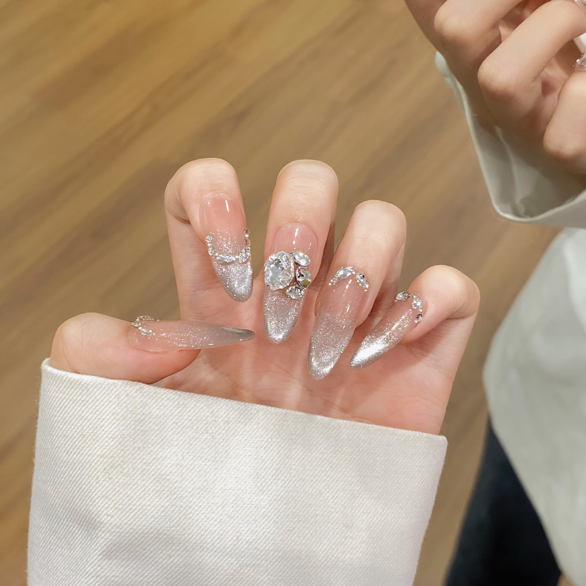 TENPAL French Tip Press-On Nails — Long Stiletto Nude Glitter with Ombre Cat Eye (10pcs/Box, XS)