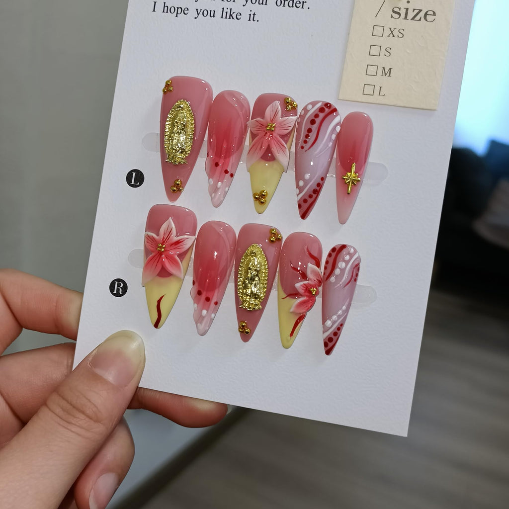 TENPAL Handmade Press-On Nails Long Stiletto – Vivid Red 3D Floral Blush Ombre | Glossy, Reusable