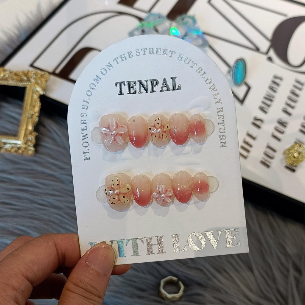 TENPAL Handmade Press On Nails Short Oval (10Pcs) – Coral Blush Gradient with Flower Details + Tools Kit