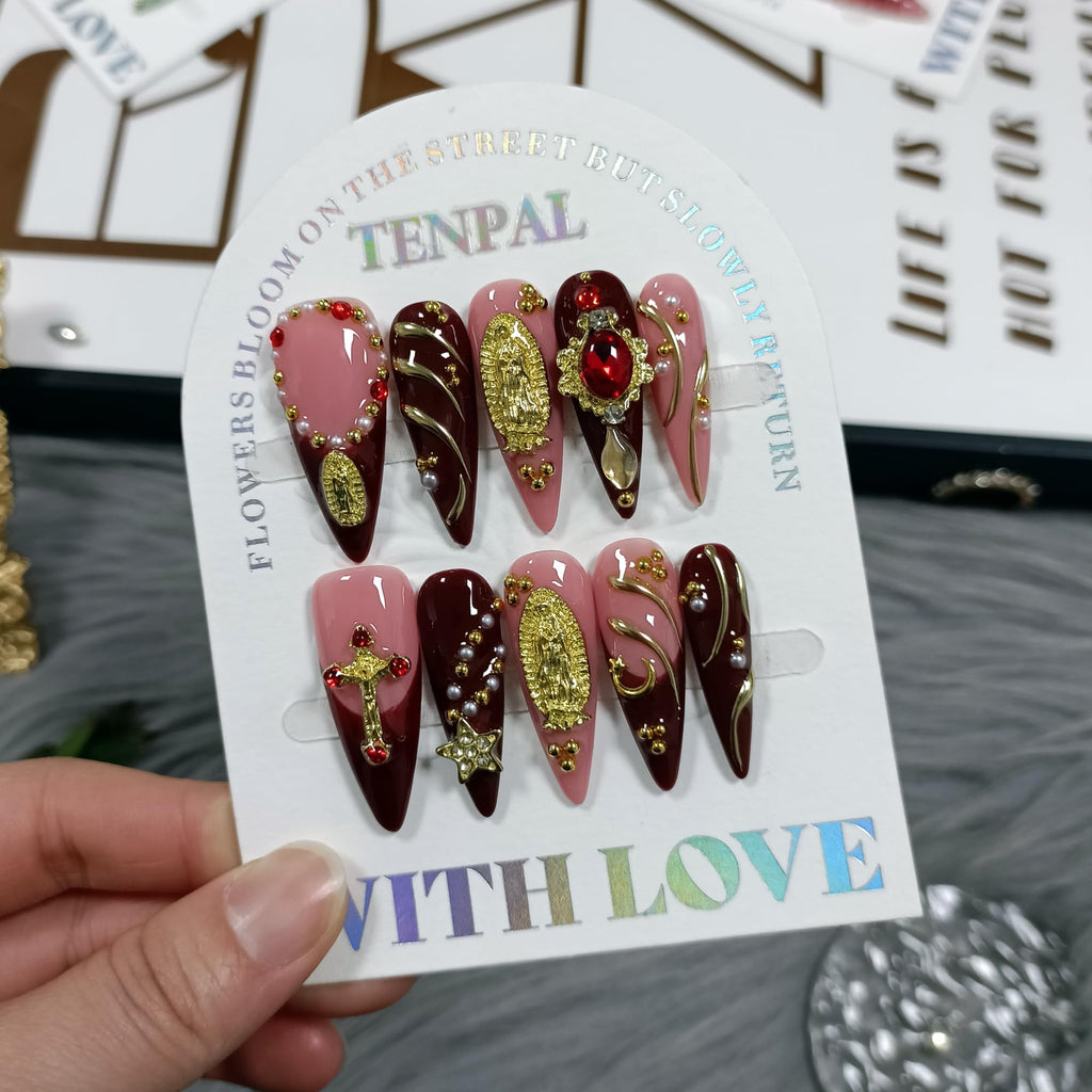 TENPAL Handmade Press-On Nails Long Stiletto – Nude Pink Wine Cross Design with 3D Charm