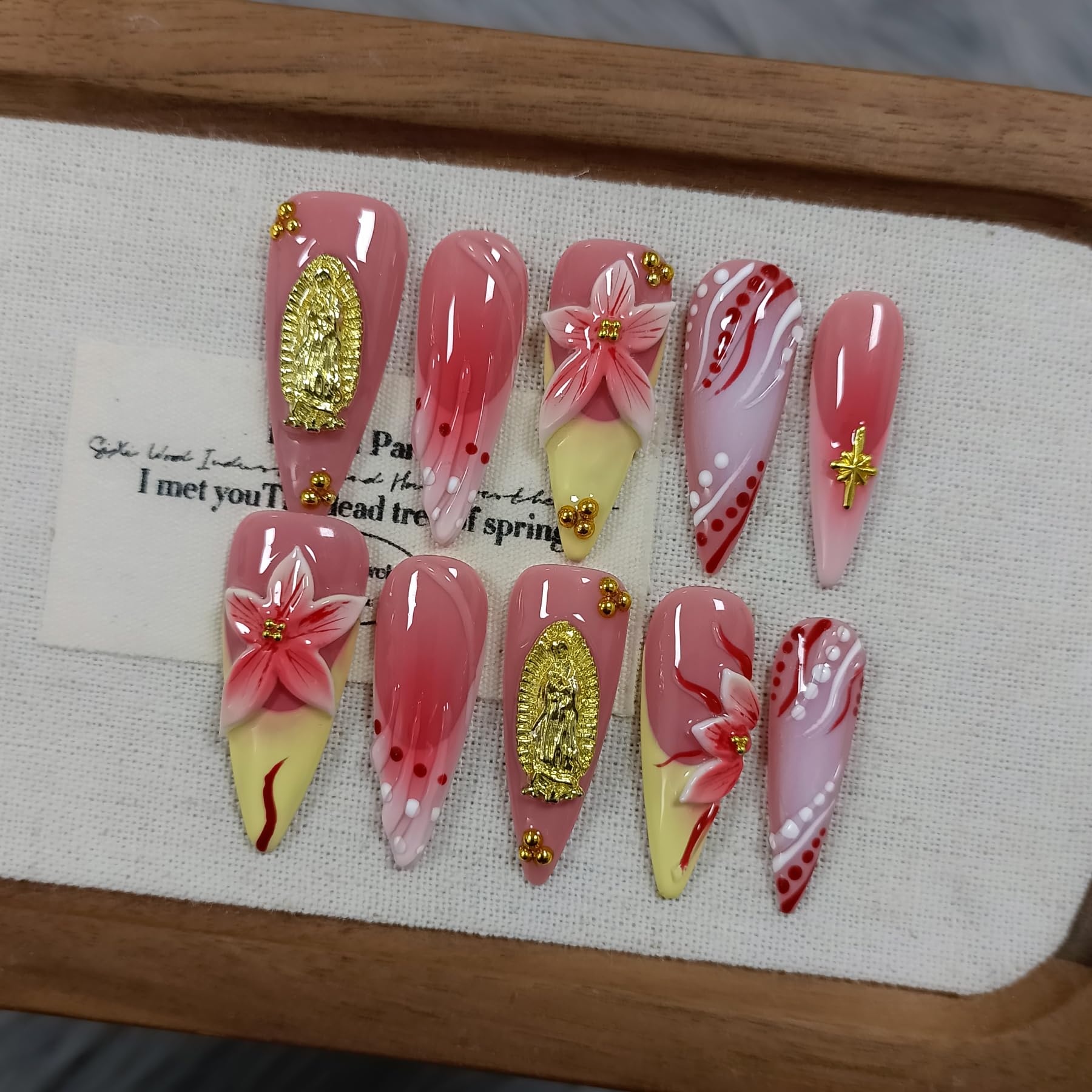 TENPAL Handmade Press On Nails Long Stiletto - Vivid Red 3D Floral Blush Ombre | Glossy French Tips