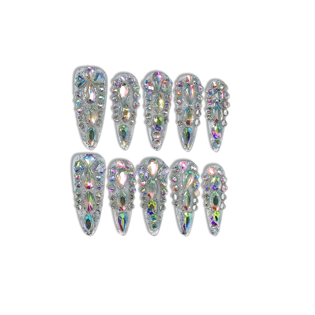 TENPAL 10Pcs Luxury Press On Nails Long Stiletto – Full Cover Crystal Glitter Nail Set with Tools | Reusable Bridal & Party Nails XS